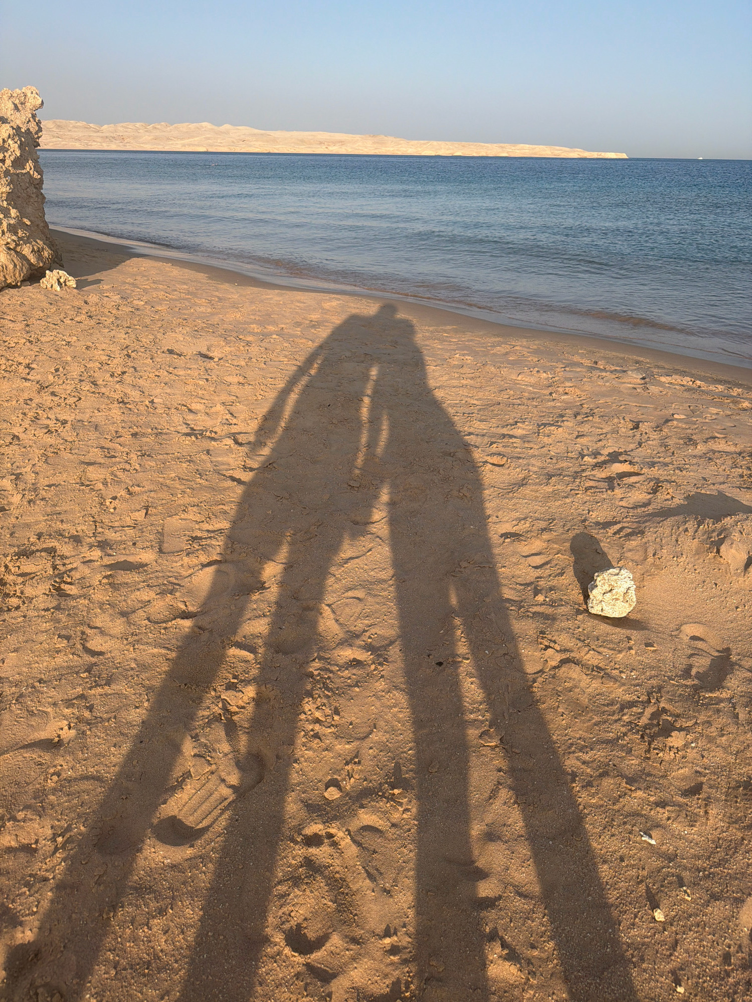 The image depicts a serene beach scene, likely located in Sharm El Sheikh, Egypt, given the characteristic landscape. In the foreground, the sandy beach is illuminated by the warm glow of the setting sun, casting long shadows of two individuals who appear to be standing close together, their silhouettes overlapping. The shadows suggest they are embracing or standing in close proximity, creating a romantic or intimate atmosphere.
The sand itself is fine and textured, with subtle imprints of footprints and small pebbles scattered across its surface. A solitary, rough piece of light-colored coral or rock rests on the sand to the right of the shadows, adding a natural element to the scene.
Beyond the beach, the calm, deep blue waters of the sea stretch towards the horizon. Gentle ripples on the water's surface indicate a slight breeze. In the distance, a sandy landmass forms a natural barrier, with rolling dunes or hills meeting the clear, pale blue sky. The overall environment is one of tranquility and natural beauty, typical of coastal resorts in Sharm El Sheikh. The lighting suggests it is late afternoon or early evening.