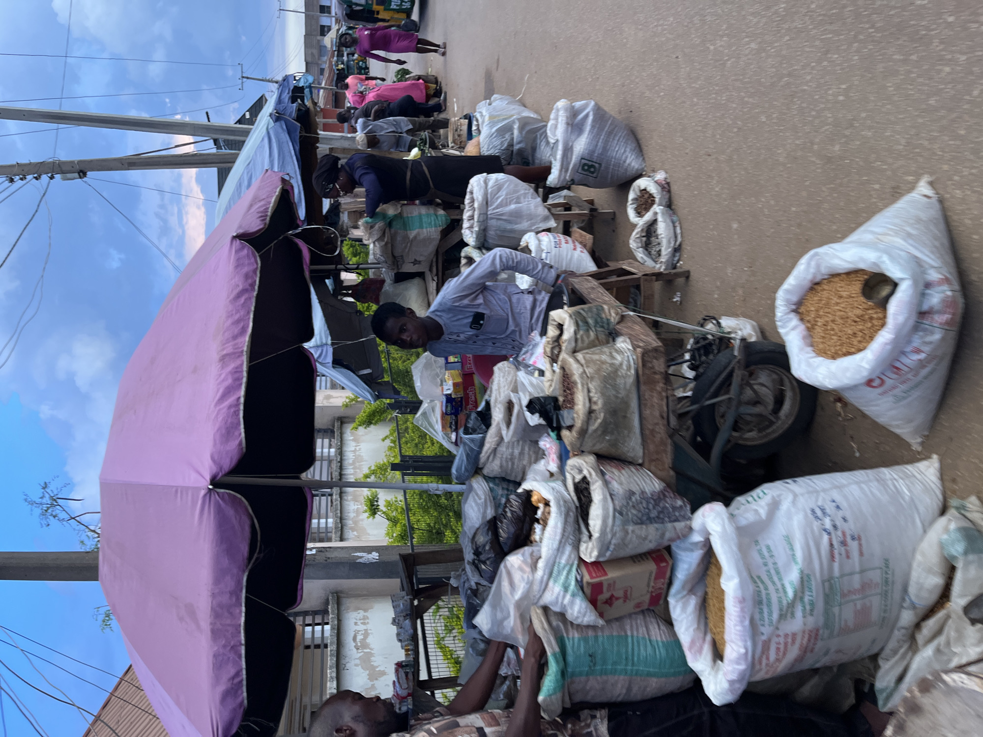 The image captures a vibrant outdoor market scene, likely situated along a street or roadside, under a clear blue sky. In the foreground, a large purple market umbrella dominates the left side, providing shade. Below it, a person is partially visible, appearing to be resting or waiting.
At the center, a young man in a light-colored, patterned long-sleeved shirt is seated behind a collection of goods, looking directly at the viewer. He is surrounded by numerous large white sacks, many of which are open and overflowing with various dry produce like grains or pulses. One sack clearly shows light brown, oval-shaped items, possibly groundnuts, along with a metal scoop resting inside. These sacks are arranged on makeshift wooden stands and directly on the ground, some with partial text visible, such as "PURE... FLOUR" on one and other red and black labeling on others that is mostly illegible.
Several other people, mostly women, are active in the mid-ground and background. One woman in a dark blue top and black skirt is seen tending to her goods, while another in a bright pink dress walks further away. The scene suggests a bustling commercial environment where goods are being bought and sold.
In the background, utility poles with multiple wires stretch across the frame, and concrete buildings line the street. The time of day appears to be daytime, indicated by the bright, clear sky and natural lighting, with market-goers and vendors engaged in their daily activities.