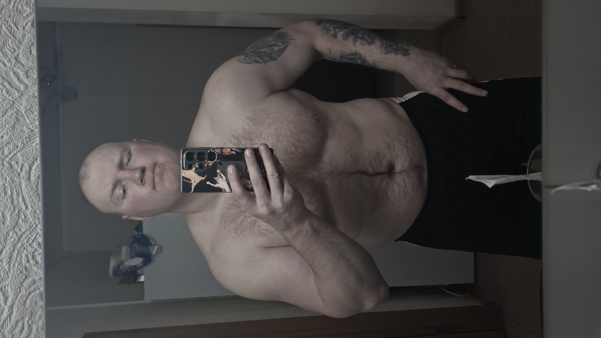 A shirtless man takes a mirror selfie in an indoor setting. He has a bald or very short haircut, light skin, and a stocky build with visible chest and abdominal muscles, and body hair on his torso. His cheeks appear slightly flushed, and he has a neutral expression, looking towards the smartphone in his hand. One eye is partially closed or squinting.
He holds a dark-colored smartphone with his right hand, which has a distinct case featuring multiple small, stylized cat figures in various poses (predominantly orange/brown and white). The phone's camera array is visible. A detailed, dark-ink sleeve tattoo covers his left upper arm. His left hand is resting on his hip. He is wearing black shorts or sweatpants with a white stripe along the side.
The setting is an interior space, likely a bathroom or bedroom, indicated by the large mirror surface where the photo is taken. To the left, a wall with textured, light-colored wallpaper is visible. The background reflected behind the man is dark, suggesting a wall or furniture. The lighting is dim and appears to be artificial. There is no visible text in the image.