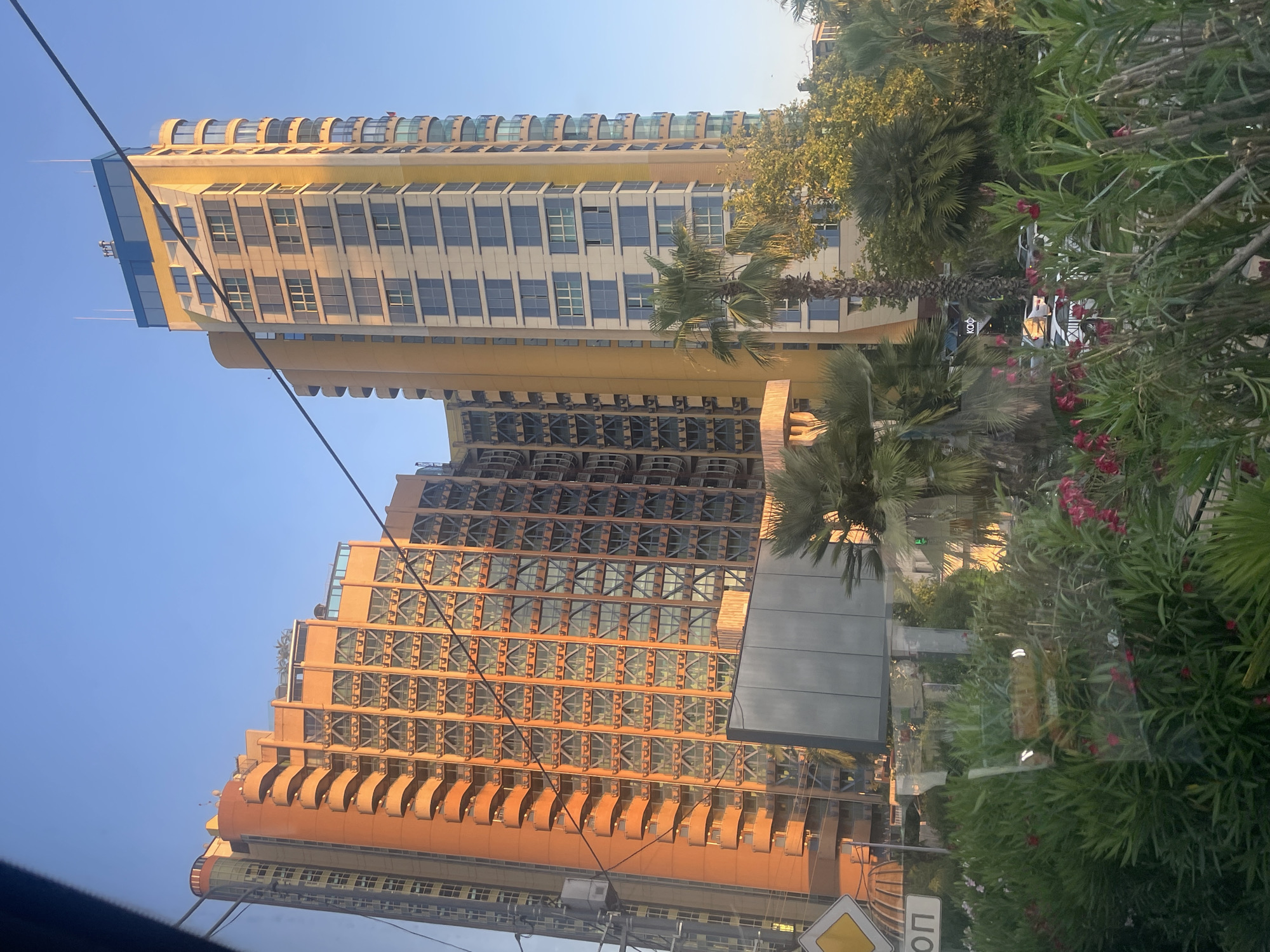 The image shows a view of the Radisson Collection Paradise Resort & Spa in Sochi, Russia, with its distinctive orange and yellow buildings. The resort features a tall, slender yellow tower with multiple floors of windows and balconies, adjacent to a wider, orange-colored building with a stepped facade and spiral balconies. Both buildings are bathed in the warm glow of sunlight. In the foreground, lush green foliage with pink flowers partially obstructs the view of the resort, with palm trees also visible. Several cars are parked in front of the resort, and street signs with Cyrillic lettering are present. The sky is clear and blue. The scene appears to be a street-level view, possibly from a vehicle, looking towards the resort.
