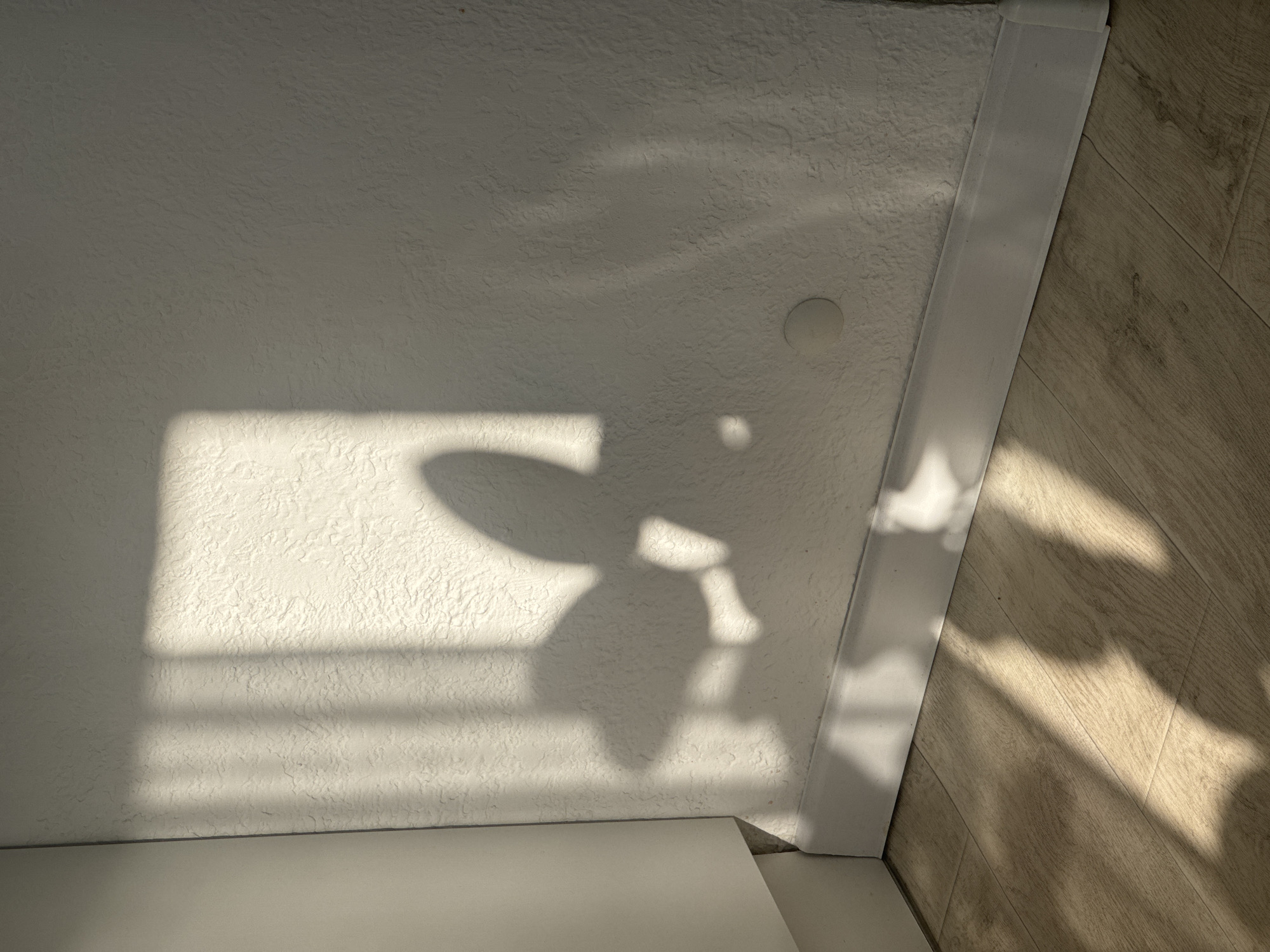 A shadow of a person holding a long-handled object, possibly a broom or a mop, is cast on a textured wall and wooden floor. The light source, likely from a window with blinds, creates parallel lines of light and shadow on the wall. A circular white outlet cover is visible on the wall. The scene appears to be an indoor domestic setting, possibly an apartment or house. There is no information to suggest the location is Ufa, Russia.