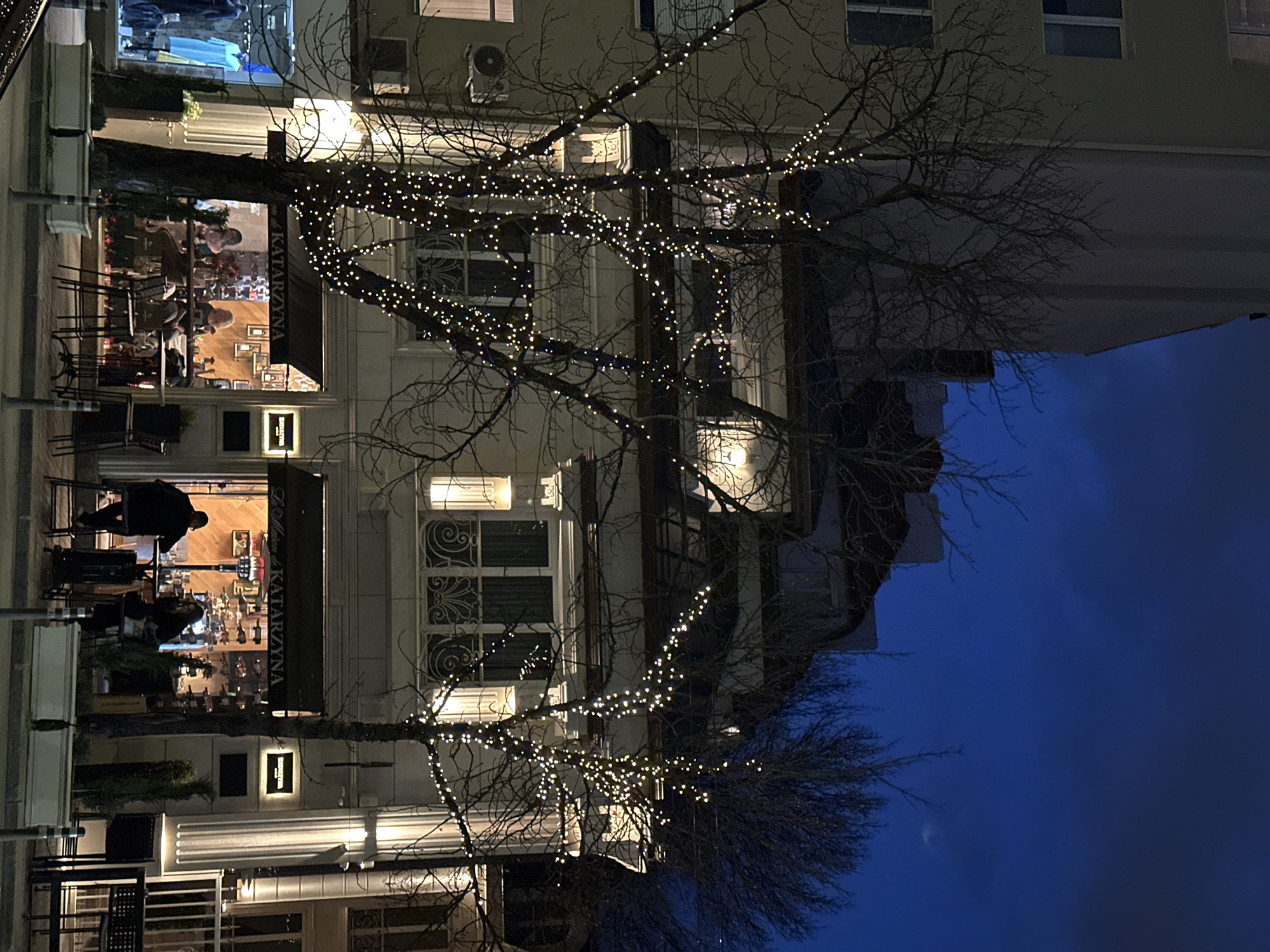 The image shows the exterior of "Dom na Metodiya na KATARZYNA" in Sofia, Bulgaria, at night. A building with multiple floors is visible, adorned with bare tree branches wrapped in small white lights. Below, a storefront with a sign reads "Dom na Metodiya na KATARZYNA." People are seen inside the establishment. A person is also sitting at the outdoor seating area. The background features a dark blue evening sky.