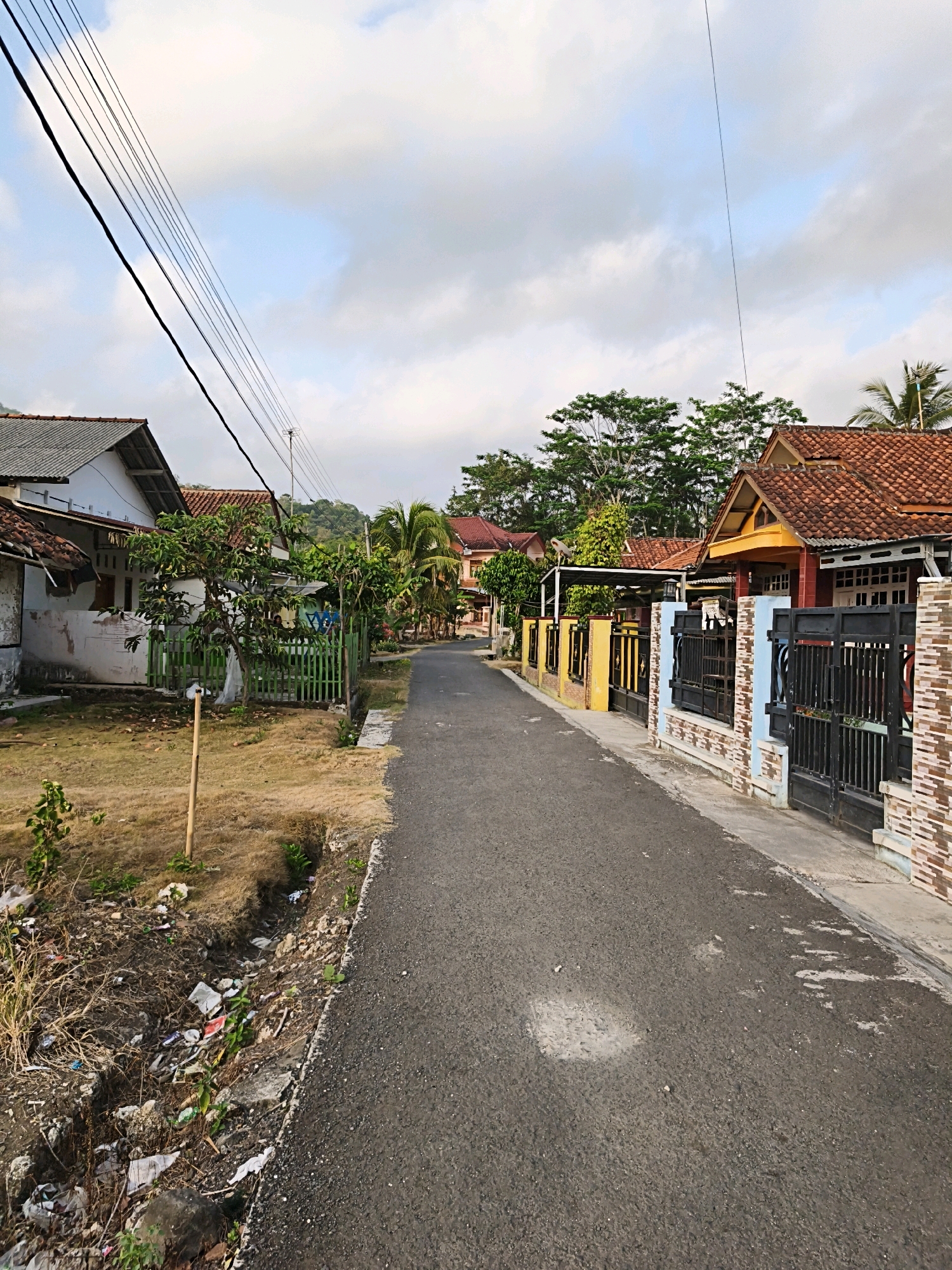 The image depicts a narrow, paved street in the village of Cibuluh, Indonesia. On the left side of the street, a house with a white wall and a gray roof is visible, bordered by a green fence and dry grass. A small tree grows in front of the house. Further down the street, several other houses with terracotta tile roofs are seen. The houses are separated by fences, some made of black metal bars and others with colorful yellow and blue panels. Trees and foliage line the street and surround the houses. The sky above is partially cloudy with patches of blue visible. On the right side of the street, a drainage ditch is filled with debris and litter. The overall scene is of a residential area in a rural or semi-rural Indonesian village.