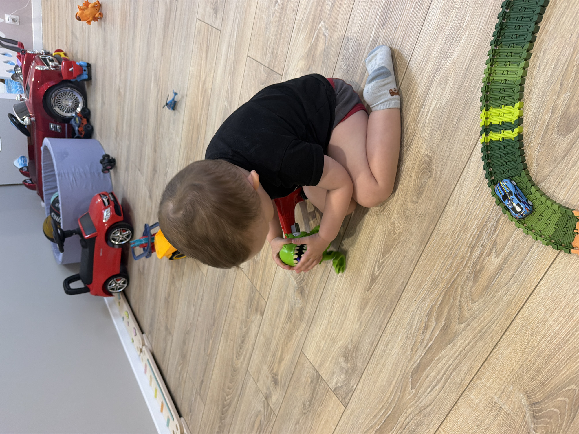 A young child is playing on a wooden floor with toys in a room. The child is wearing a black t-shirt, grey shorts, and white socks with a bear design. The child is holding a green dinosaur toy in their hands. In the background, there are several toys, including a red toy car with a black interior and silver wheels, a larger red toy car with a chrome grille, a blue toy helicopter, and a toy dump truck. There is also a grey circular ball pit. A green toy train track with a blue and black toy car is visible in the foreground. The scene appears to be indoors, possibly in a home.