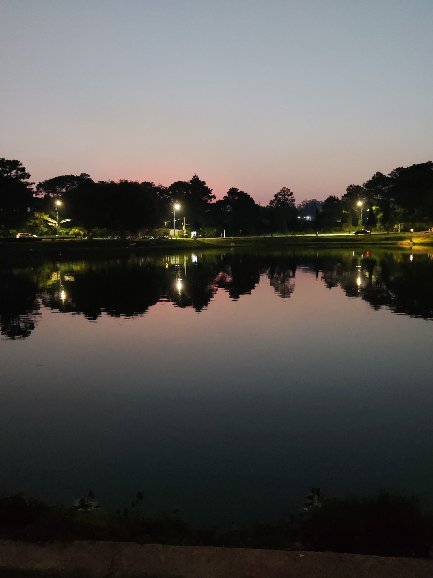 This is a wide shot of a lake at night in Da Lat, Vietnam. The water reflects the lights along the opposite shore, including street lamps and building lights, as well as the dark silhouettes of trees. The sky is a gradient from a dark blue at the top to a pinkish-purple near the horizon. A single bright star is visible in the sky. The foreground shows the edge of the lake with some vegetation and what appears to be a concrete path or edge. There are no people clearly visible in the image, but there may be figures walking along the lighted path on the far side of the lake. Some cars can be seen driving on the road in the background.