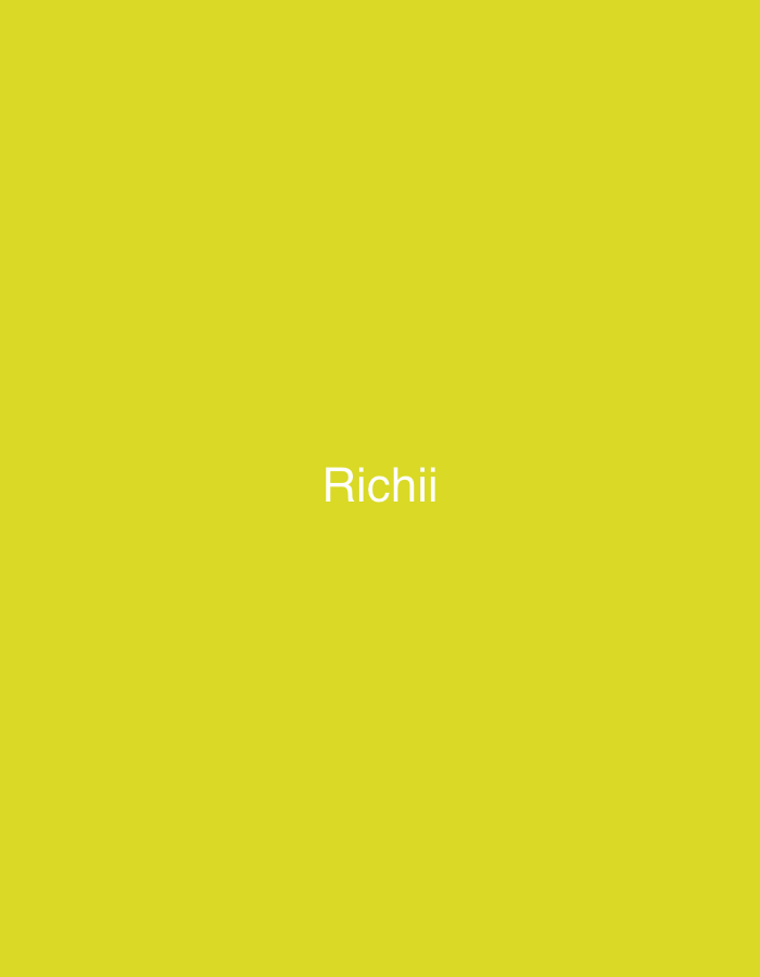 The media file displays a solid, bright yellow background. Centered horizontally and vertically on this background is the text "Richii" rendered in a white, sans-serif font. There are no other visible subjects, objects, or activities depicted in the image. No specific time of day, weather conditions, or emotional cues can be inferred. The image consists solely of this yellow background and white text.