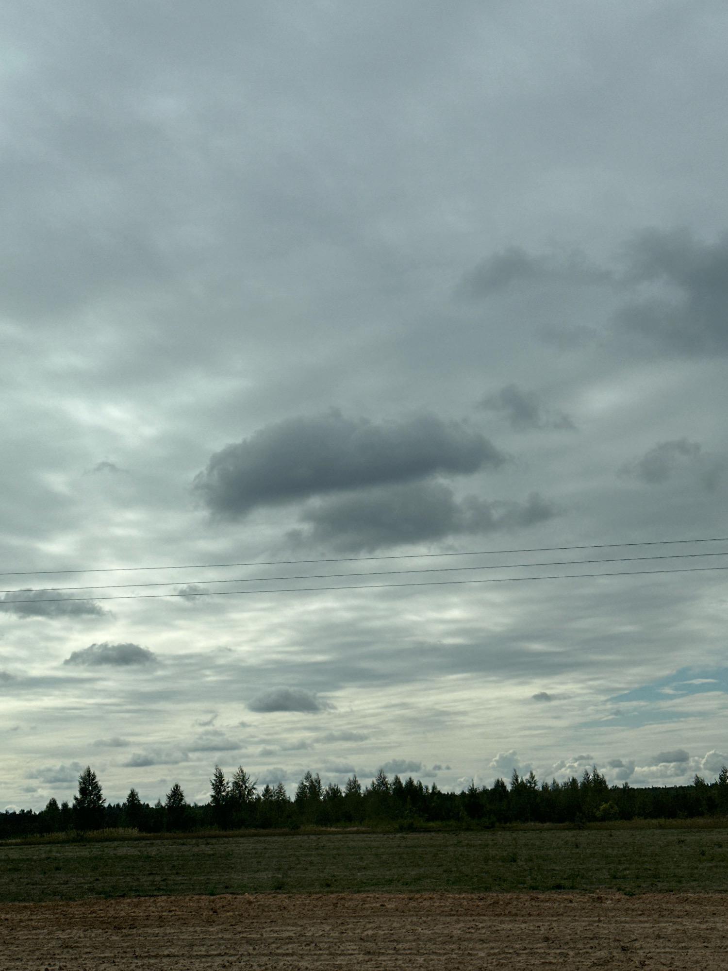 The image depicts a rural landscape under a cloudy sky. In the foreground, there is a tilled field with visible furrows, suggesting agricultural activity. Behind this field, a strip of dark green grass or low vegetation is visible. Further back, a dense line of trees forms a dark silhouette against the sky, marking the horizon. Several power lines are strung horizontally across the middle ground of the image. The sky is filled with a variety of clouds, ranging from light, wispy formations to darker, more ominous-looking masses. The overall impression is of an overcast day in a natural setting. The location of Краснаўскі сельскі Савет, Belarus is noted, indicating the general geographical context of the scene. There are no people or animals visible in the image, and no specific actions or interactions are depicted.