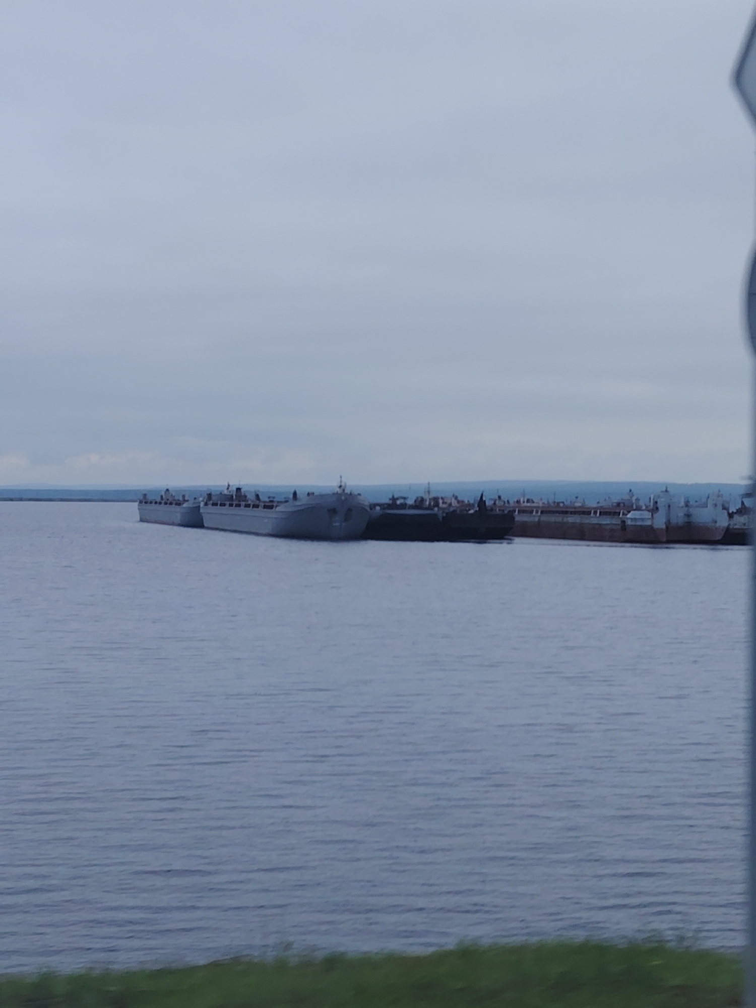 The image depicts a fleet of large, grey cargo ships docked in a body of water, likely a river or bay. The ships are arranged in a line and appear to be anchored or moored. The sky is overcast, casting a muted light on the scene. In the foreground, the water is a deep blue with gentle ripples. A strip of green grass is visible along the bottom edge of the image, suggesting a shoreline. The background shows a faint line of land with structures, possibly a city or industrial area, on the horizon. The scene is likely a port or harbor area in Chaikovsky, Russia, a city known for its industrial port on the Kama River.