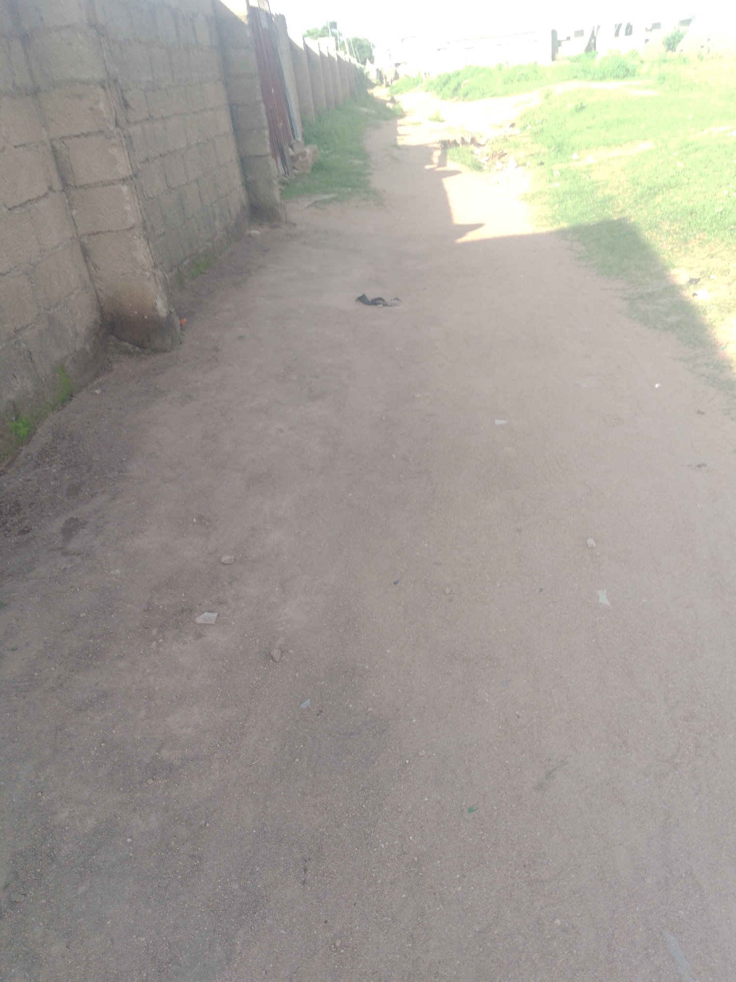 The image depicts an outdoor scene in Jalingo, Nigeria. A rough, unpaved path runs from the foreground into the distance, bordered on the left by a high wall constructed of rough-hewn stone blocks. The wall is weathered and shows signs of age. To the right of the path, there is a patch of overgrown grass and some scattered debris. In the background, buildings are visible, suggesting an urban or semi-urban setting. Shadows are cast across the path and the grassy area, indicating sunlight. The overall impression is one of a utilitarian pathway in a somewhat neglected area.