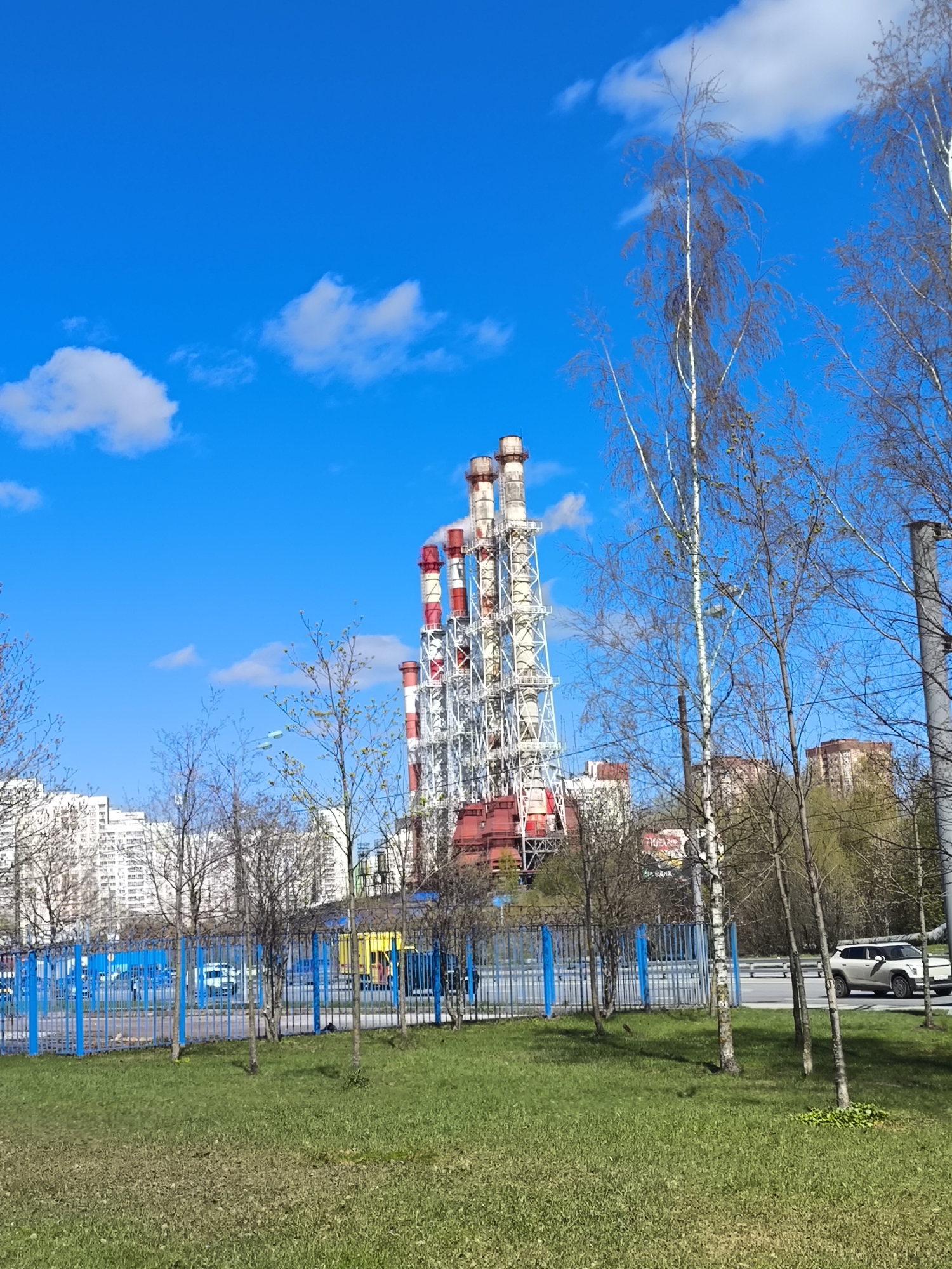 This daylight outdoor photograph captures an urban or suburban landscape during what appears to be early spring. The central focus is a large industrial facility, likely a power or heating plant, featuring several tall, red and white striped smokestacks or chimneys supported by a prominent metal lattice structure.
In the foreground, a bright green grassy area stretches across the bottom, indicating new growth. Scattered across this space and extending into the midground are numerous deciduous trees, many of which are still bare or just beginning to bud, including several birch trees with their distinctive light bark. A blue metal fence runs horizontally through the midground, separating the grassy area from a paved road and other structures behind it.
Beyond the trees and fence, multi-story residential buildings or apartment complexes line the horizon, signifying a populated urban environment. A white SUV is visible driving on the road to the right. The sky is a clear, vibrant blue with a few scattered, fluffy white clouds, suggesting good weather.
Notable details include the industrial scale of the chimneys set against a residential backdrop. On a billboard or sign visible through the trees and behind the blue fence, there is partially obscured Cyrillic text, which appears to include "10 ЛЕТ" (10 years) and possibly references "СБЕРБАНК" (Sberbank), suggesting an advertisement. There are no people visible, and no specific event is occurring beyond the general depiction of the scene.