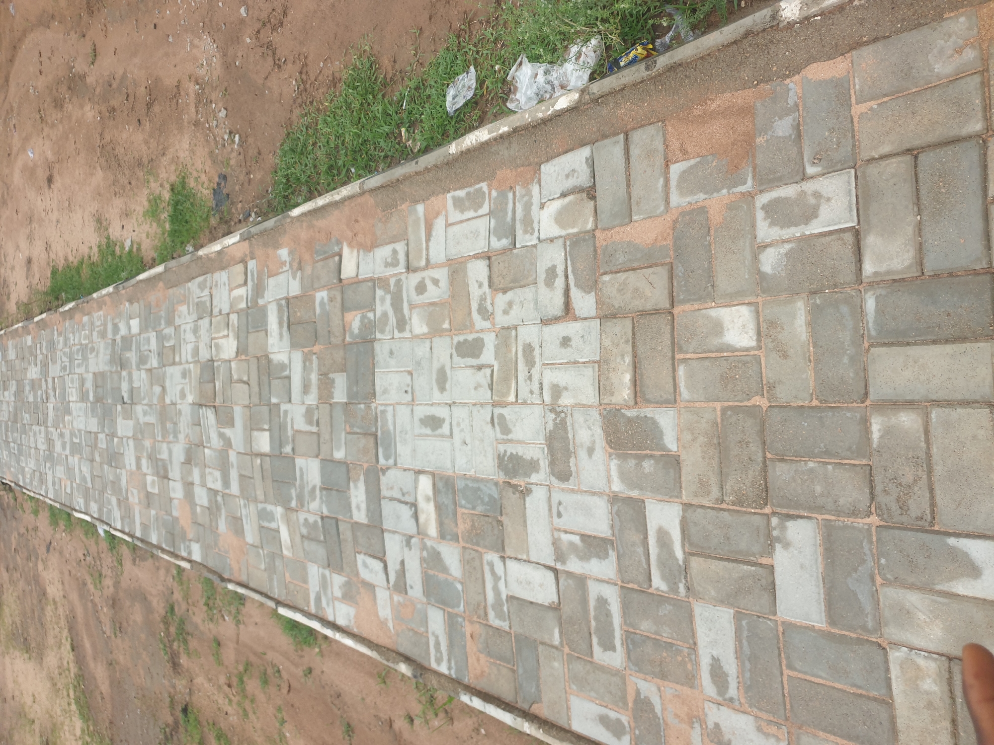 A paved walkway made of interlocking grey pavers extends into the distance, angling from the lower left to the upper right of the frame. The walkway is bordered on the left by a strip of sandy earth with sparse green weeds. On the right, the walkway is bordered by a concrete curb with a layer of dirt and sand, beyond which are patches of green grass, some dry brown earth, and scattered pieces of white and colored plastic trash. The pavers appear damp, with some variations in color and texture, suggesting they may have been recently laid or wet. The overall environment appears to be an outdoor, possibly unpaved, area in Jalingo, Nigeria, characterized by sandy soil and sparse vegetation. No people are clearly visible in the frame, though a small portion of a finger is visible at the bottom left corner.