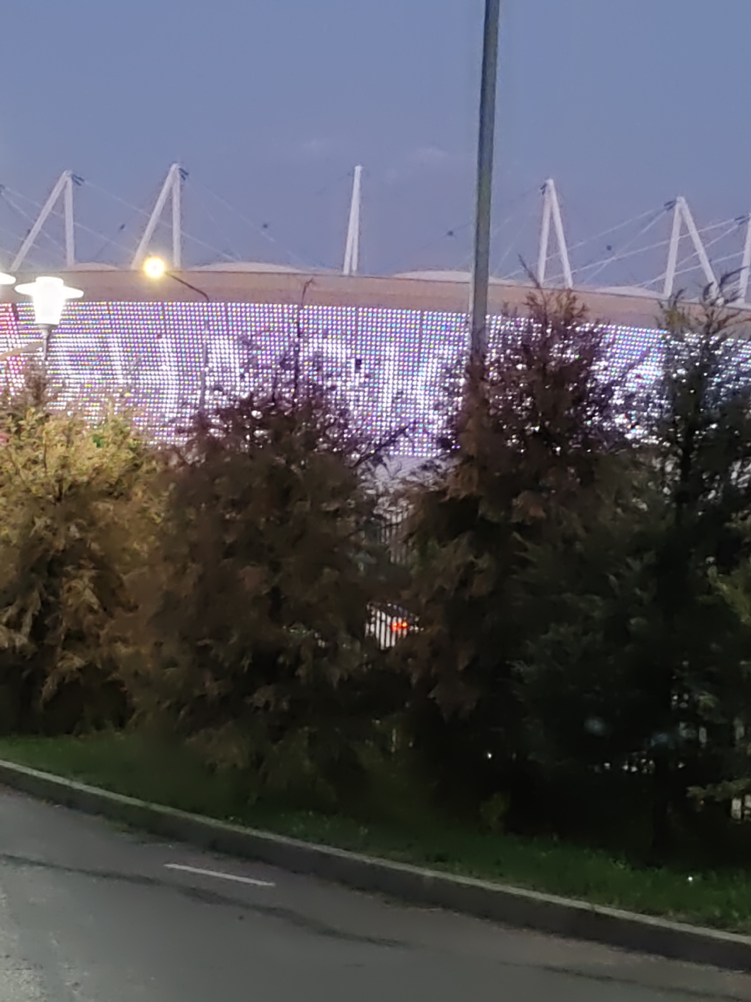 The image depicts a stadium at dusk in Rostov-on-Don, Russia. The stadium is illuminated by a dazzling display of purple and white lights covering its façade, creating a vibrant, pixelated pattern. The architectural features of the stadium, including its white, angular supports and tension cables, are visible against the darkening sky. In the foreground, several evergreen trees with dark foliage are densely planted, partially obscuring the stadium's lower sections. A street with a curb and a painted white line runs along the bottom of the image, suggesting the presence of a road or pathway. The overall scene conveys an atmosphere of evening activity at a large sports or entertainment venue.