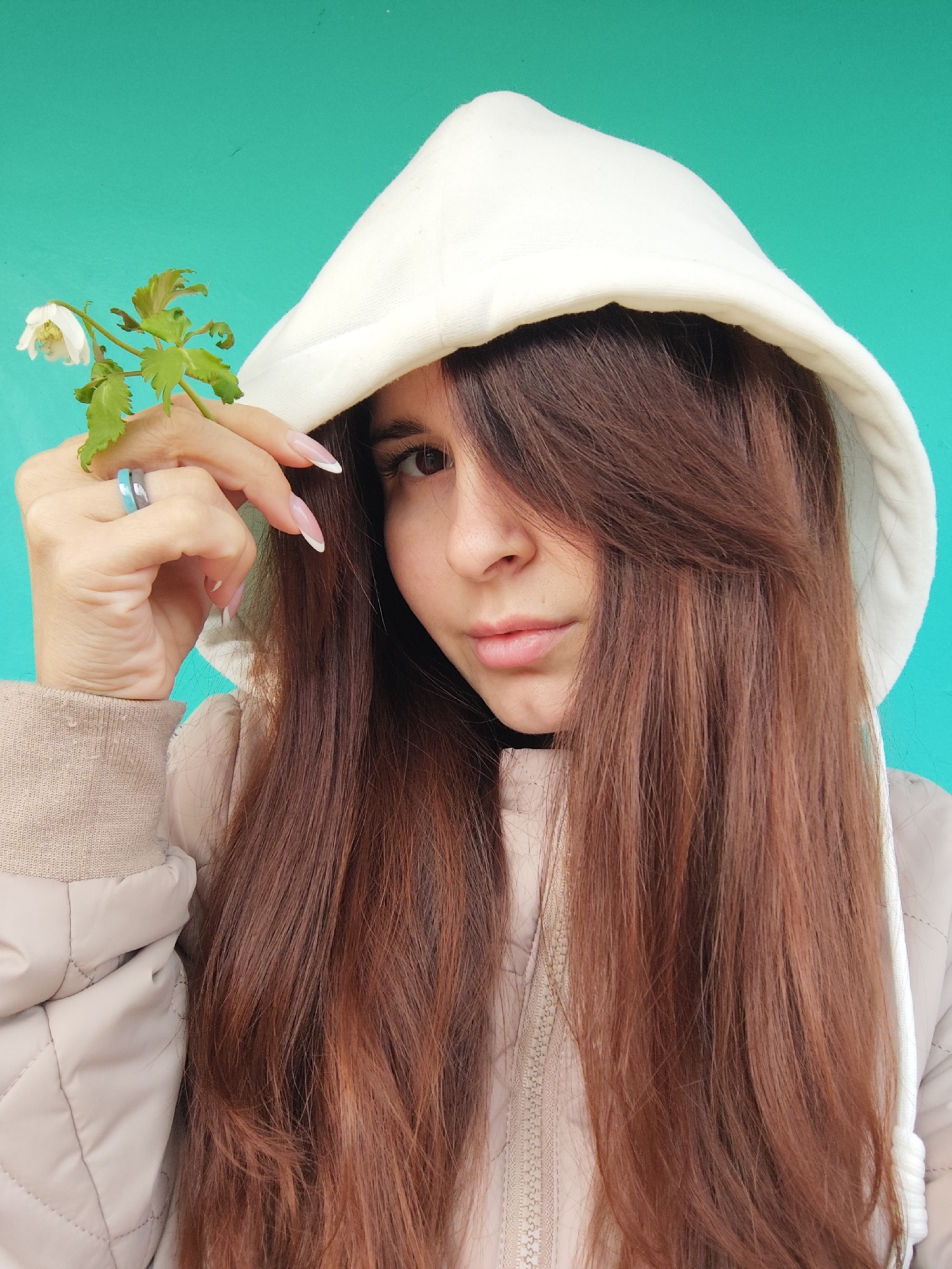 A young woman is captured in a medium close-up, looking directly at the camera with a subtle expression. She has long, reddish-brown hair, with some strands cascading over her face and partially obscuring her left eye. She is wearing a cream or light beige quilted jacket and a white hoodie, the hood of which is pulled up over her head.
Her right hand is visible, delicately holding a small sprig featuring a single white flower and several green leaves. Her nails are long and manicured with a white French tip. On her ring finger, she wears a two-banded ring, one band appearing light blue and the other silver or grey.
The background is a solid, vibrant turquoise or teal color, creating a stark and smooth backdrop without any discernible textures or features. The lighting is bright and even, suggesting daytime. The woman's lips are slightly parted, forming a soft pout. The overall scene conveys a posed portrait. Although not visually evident in the image, the provided context places the location in Фоки, Russia.
