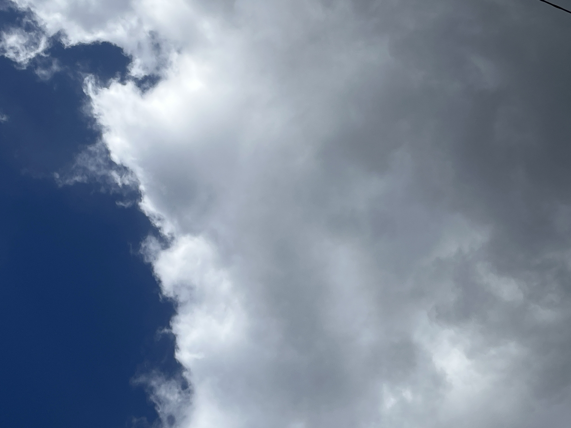 The media file presents a dynamic view of the sky, largely divided diagonally between clear blue sky and various cloud formations. The bottom-left section of the image features a deep, unobstructed blue sky, indicative of clear weather and bright daylight. Along the diagonal boundary, wisps and patches of bright white, fluffy clouds are visible, suggesting cumulus cloud types.
The upper-right portion of the image is dominated by clouds, which vary significantly in density and color. Near the center, the clouds are bright white, gradually transitioning into progressively darker shades of gray as they extend towards the upper-right corner. These darker, denser clouds appear to be thick, obscuring direct sunlight and suggesting a heavy overcast or potentially rain-bearing conditions. A very faint, thin dark line, possibly a power line, is subtly visible across the upper right corner against the dark gray clouds.
No people, identifiable man-made objects (apart from the possible power line), or text are present. The image captures a daytime scene with mixed weather conditions, showcasing a transition from a clear sky to heavily clouded areas.