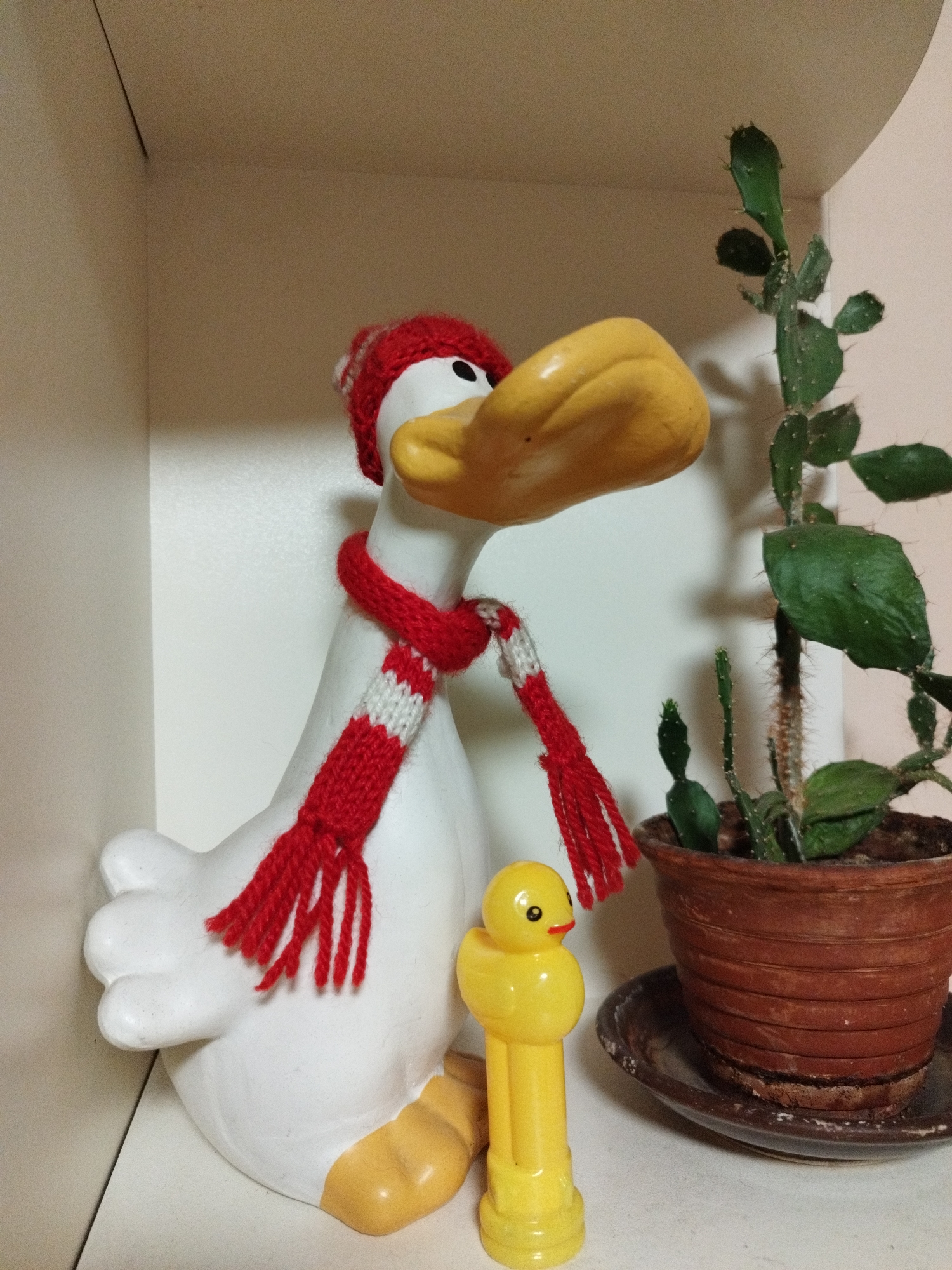 The image depicts a scene indoors, likely within a home, in Sofia, Bulgaria. A large, ceramic duck figurine is the central element. The duck is white with a yellow bill and feet, and it wears a red and white striped knitted scarf and a red and white striped hat. Next to the duck is a small, yellow plastic toy duck. Adjacent to the figurines is a potted cactus. The pot is brown and sits on a brown saucer. The background consists of beige walls.