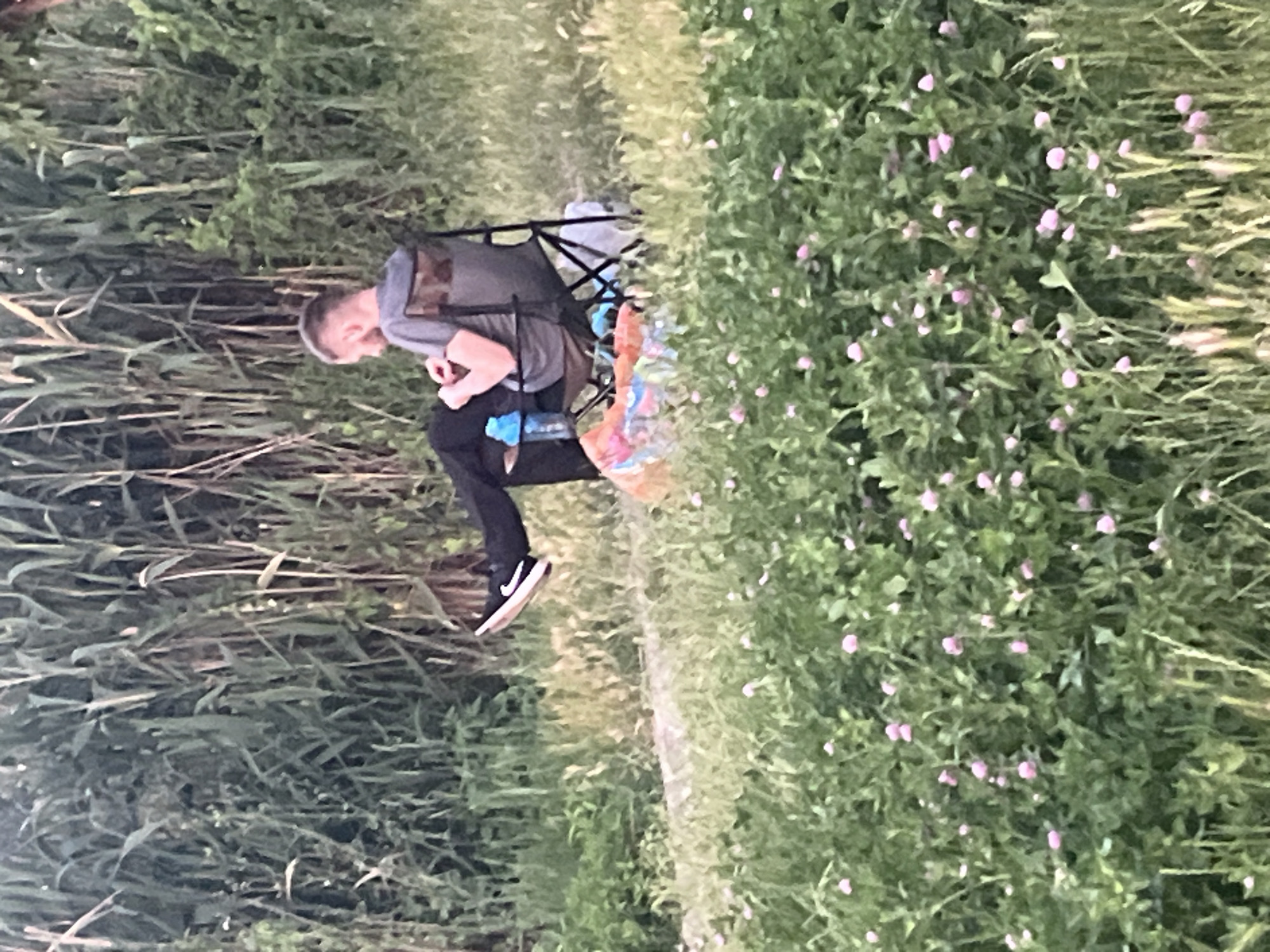 A person is sitting in a folding chair in an outdoor setting with tall green vegetation in the background and a field of small pink flowers in the foreground. The person is wearing a grey t-shirt and black pants, with black athletic shoes. The person's left leg is extended, and their right arm is resting on their lap. A blue water bottle is on the ground next to the chair. A patterned blanket or bag is also on the ground near the chair. The environment appears to be a natural, grassy area. The scene is not identifiable as being in Krasnodar, Russia.