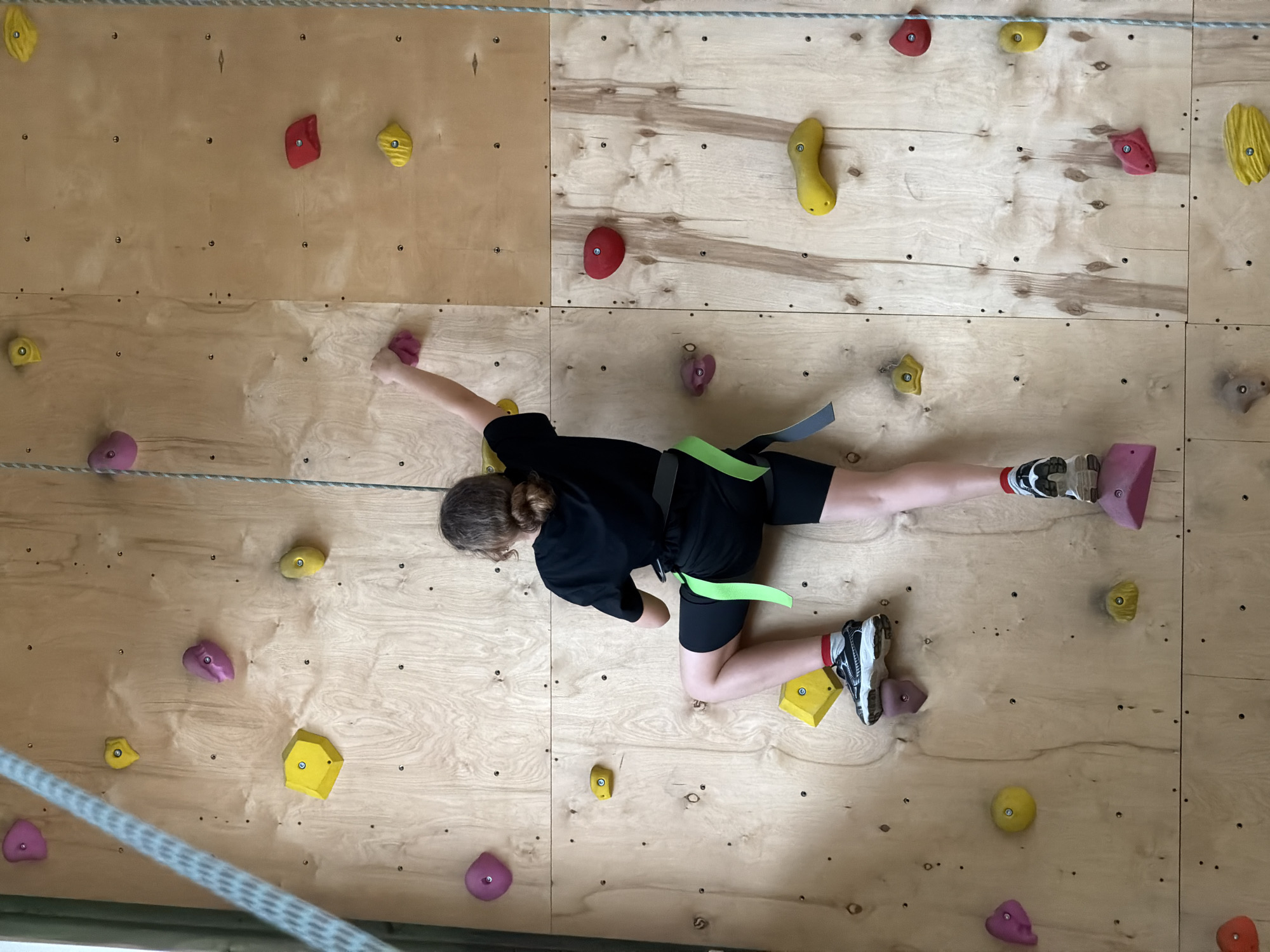 A person is climbing a wall with colorful handholds in a room. The wall is made of light-colored wood. The person is wearing black clothing and a green harness. A rope is visible along the side of the wall. The location cannot be determined from this image.