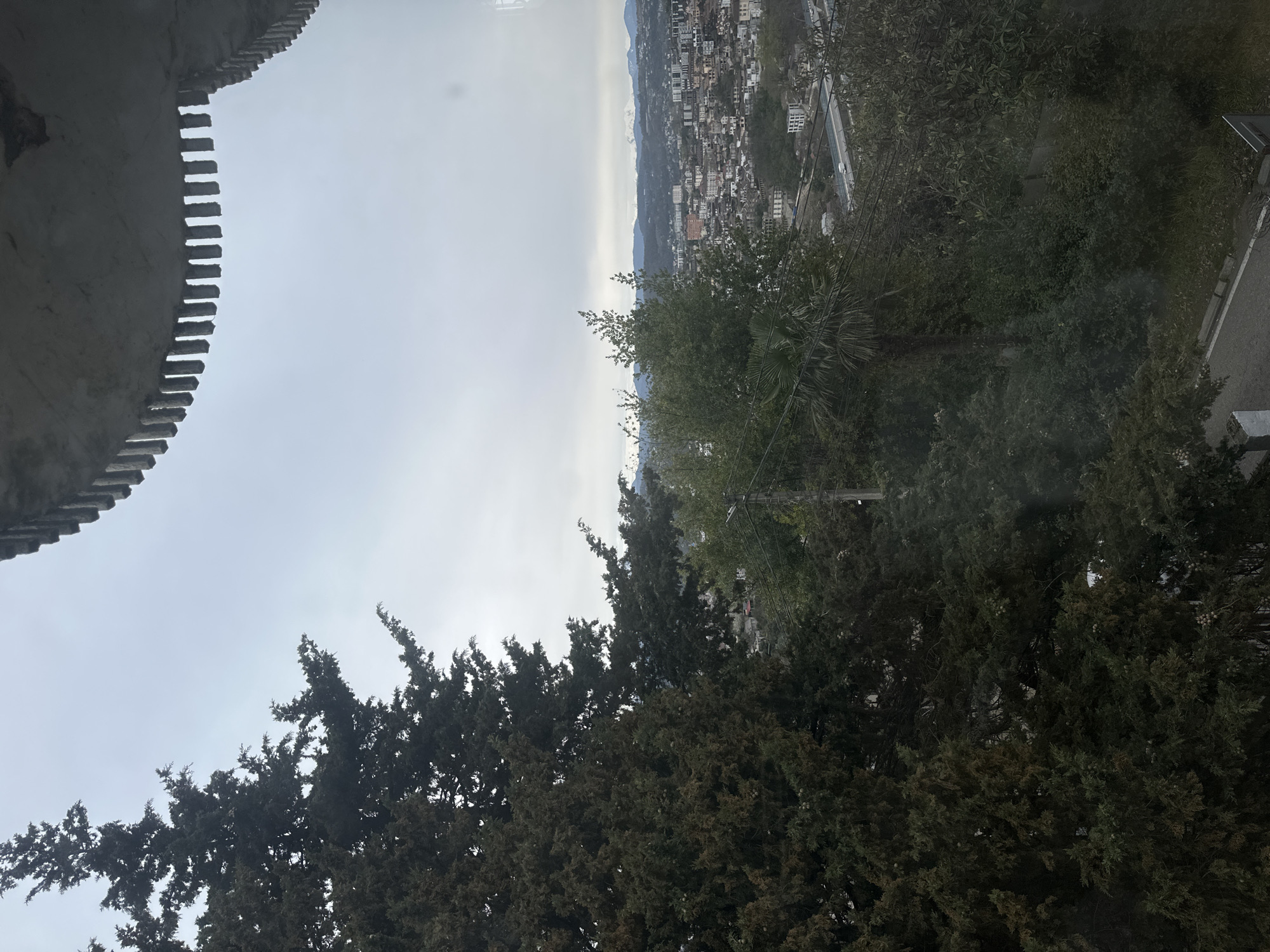 The image shows a view from an elevated position, possibly a balcony or high window, in what appears to be a mountainous or hilly region. In the lower foreground, there are dense trees, primarily evergreen. Above the trees, a cityscape is visible, with buildings densely packed along the slope. In the distance, mountain peaks can be seen. The sky is overcast. In the upper-left corner of the frame, a concrete structure with a saw-toothed or stepped edge is visible, which suggests part of a building's architectural detail. The scene depicts a typical urban landscape situated in a mountainous region, consistent with what can be found in Sochi, Russia. There are no people visible in the image.