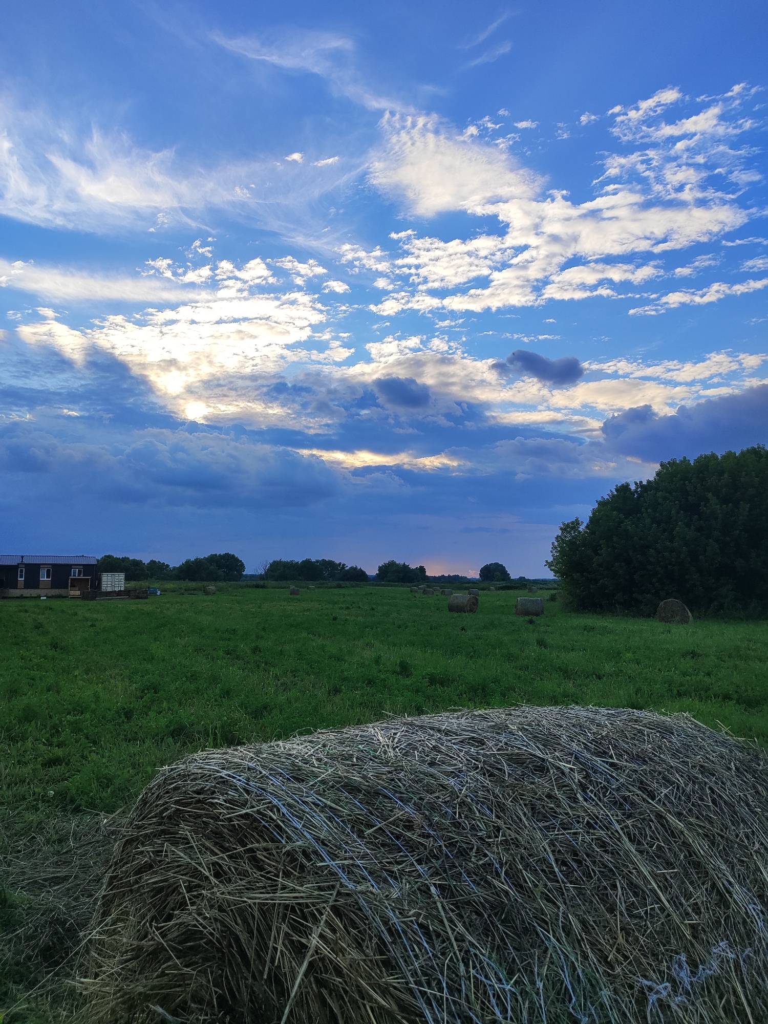 This image captures a serene rural landscape at dusk in Bronnitsy, Russia. The foreground is dominated by a large, loosely packed hay bale, its dry, straw-like texture filling the lower portion of the frame. Beyond the hay bale, a vast, green field stretches towards a line of trees that form the horizon. Scattered throughout the field are several smaller, cylindrical hay bales, suggesting recent agricultural activity.
In the mid-ground, a simple building with a dark roof and a few windows is visible on the left, accompanied by what appears to be a shipping container. The sky above is a dramatic spectacle of clouds and transitioning daylight. Bright sunlight breaks through gaps in the heavy, dark blue clouds, casting an ethereal glow on the scene. Wispy white clouds stretch across the upper sky, creating a dynamic contrast.
The time of day is clearly evening, with the low angle of the sun and the developing twilight. The weather appears to be transitioning, with both bright sunlight and dark, possibly rain-bearing, clouds present. The overall mood is one of peacefulness and quiet, characteristic of a rural evening. No text is visible in the image.