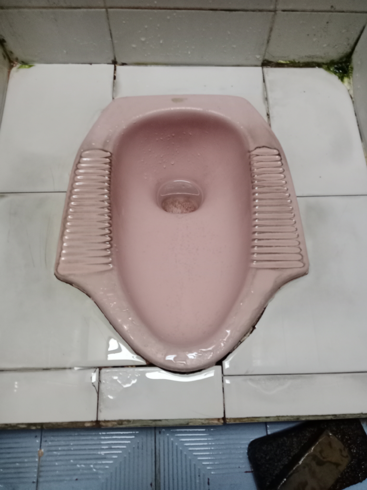 The image shows a pink squat toilet in a tiled bathroom. The tiles are white and grey, and there is some visible mold and water on the floor and walls. A black sponge or scrubbing tool is visible in the lower right corner. The overall impression is of a somewhat neglected public restroom.