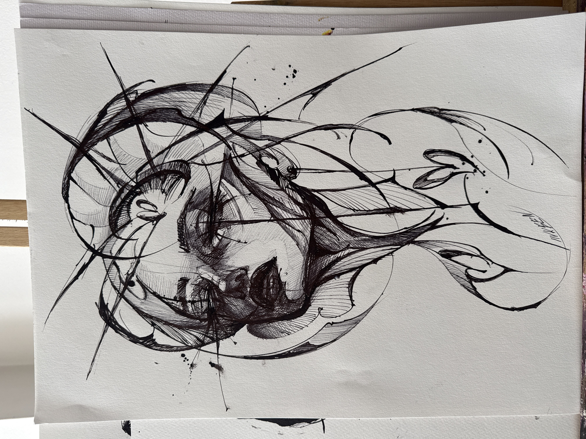 The image is a black ink drawing on white paper. It depicts a stylized human face surrounded by abstract, swirling lines and sharp, radiating strokes. The face appears to be somewhat distorted or fragmented, with emphasis on the eyes and mouth. Splatters of ink are scattered around the drawing. The drawing is lying on what appears to be a stack of canvases. There is no indication of Sofia, Bulgaria in the image.