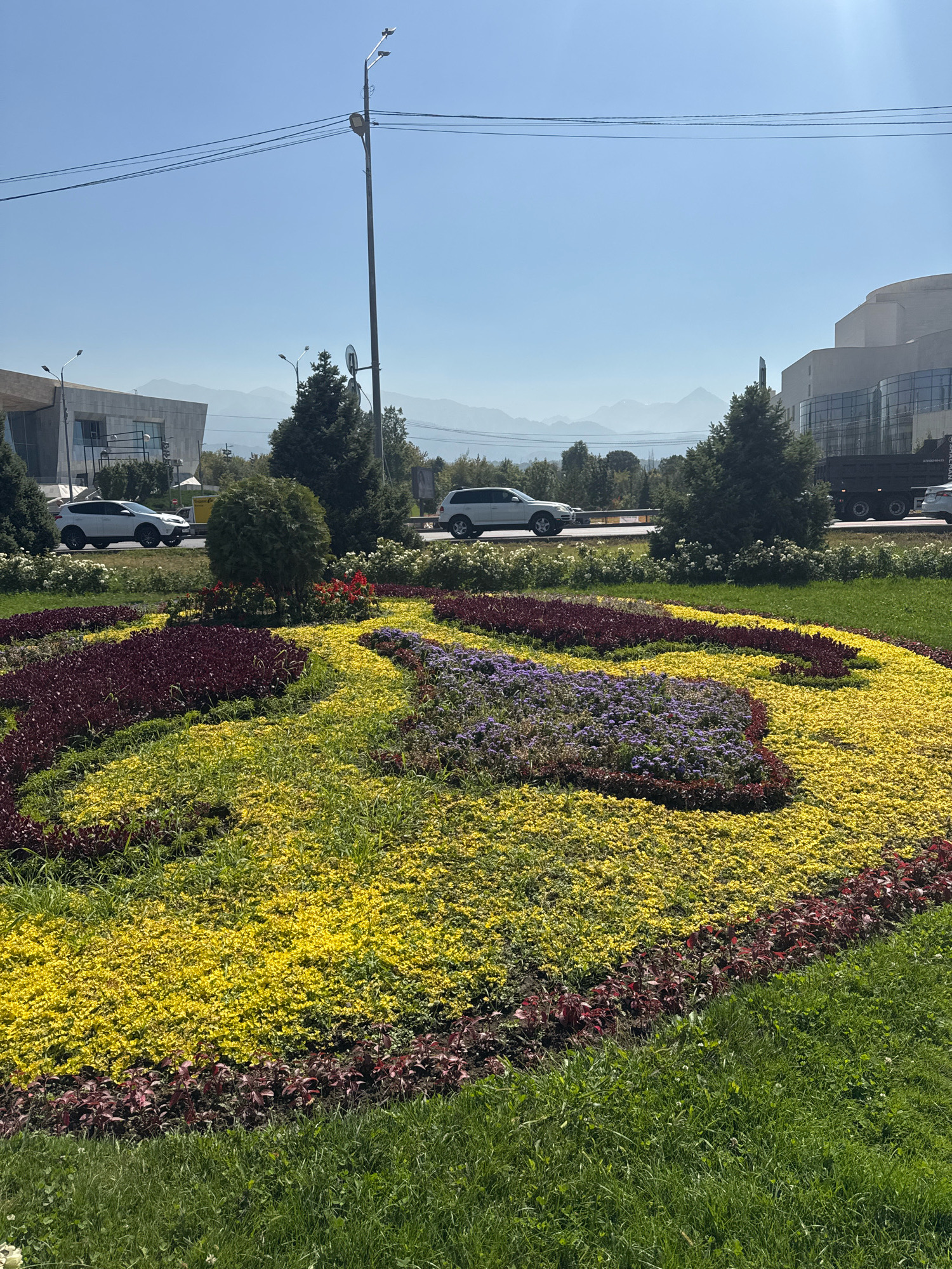The image depicts a large, colorful flowerbed in the foreground, featuring patterns of yellow, red, and purple flowers. The flowerbed is situated on a grassy area, with a street and cars visible in the mid-ground. In the background, modern buildings and distant mountains can be seen under a clear blue sky. The scene appears to be located in Almaty, Kazakhstan, likely in a public space or park area. The lighting suggests it is daytime, with the sun casting shadows. The overall impression is one of a well-maintained urban landscape.