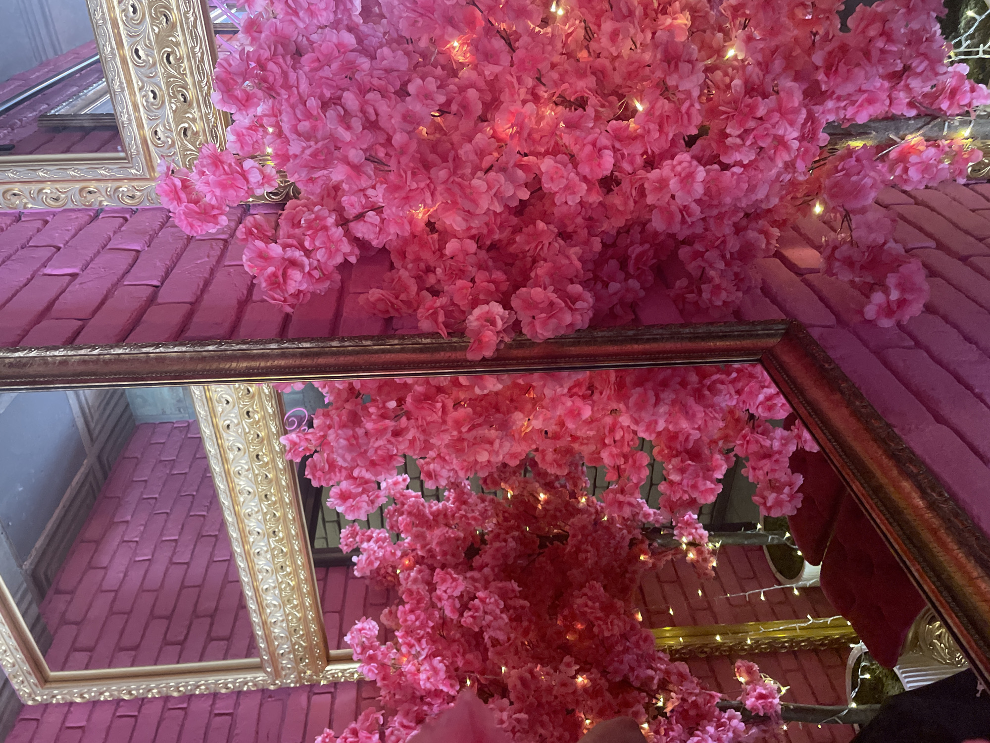 An eye-level, indoor shot shows a pink floral display, mirrored, with a pink brick wall. The floral arrangement is voluminous and brightly lit with small embedded lights. The display is partly reflected in a large mirror with a thick, ornate gold frame. The wall is made of pink bricks. A smaller mirror with a similar gold frame is visible in the upper left corner. The location is likely in Sofia, Bulgaria, known for its ornate interior designs. No people are visible.
