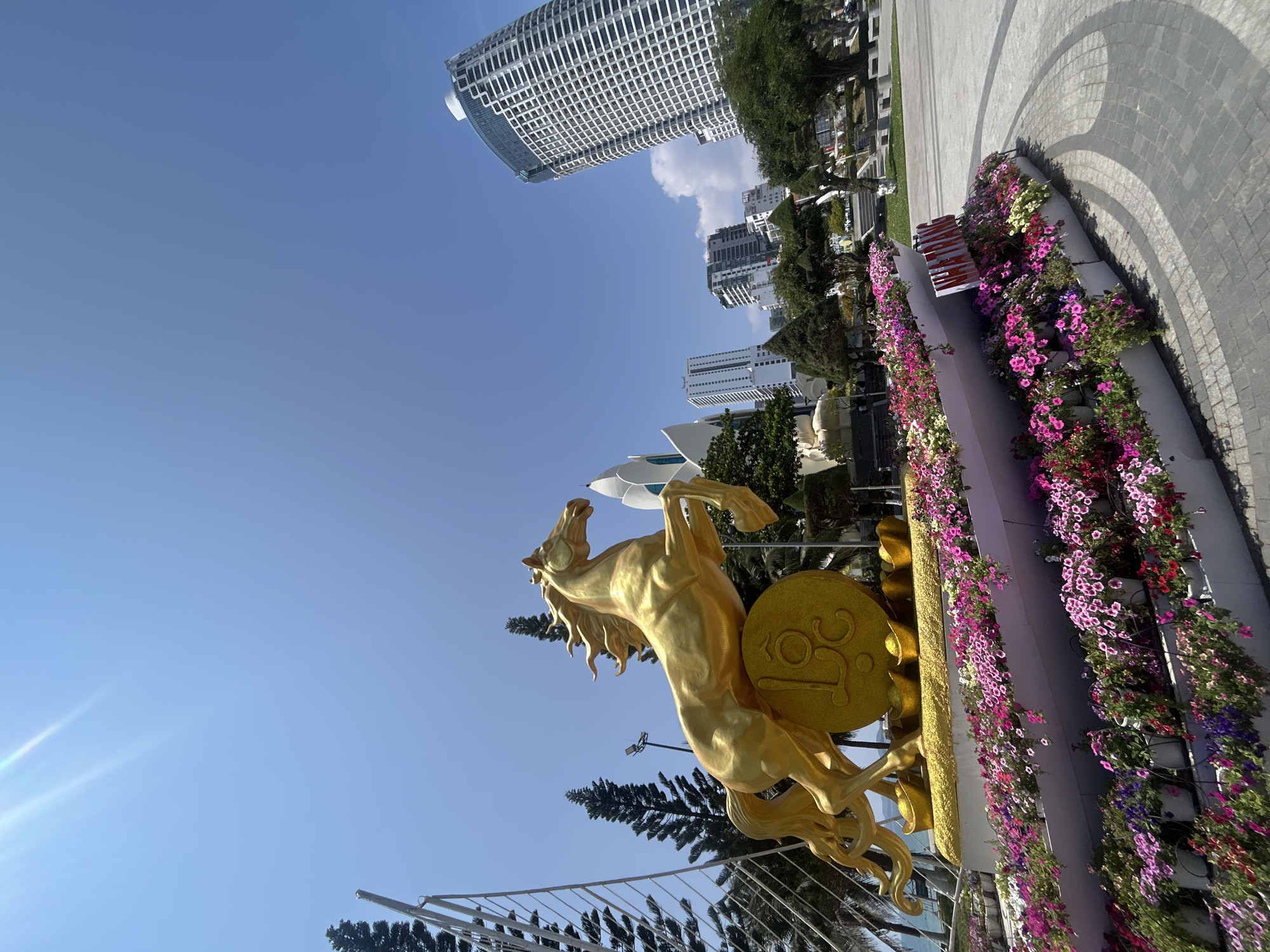 Captured from a low, oblique angle, the image presents a vibrant urban scene under a clear, bright blue sky. The focal point is a large, golden statue of a rearing horse positioned in the foreground, seemingly a public art installation. Behind the statue are urban buildings including a white domed structure and several high-rise buildings, one distinctive for its white facade and grid-like pattern. To the right of the frame, a decorative planter is seen with a profusion of pink, purple, and red flowers, adding a splash of color to the paved pathway. The scene's composition suggests the image was taken in an outdoor public space, specifically, the location is Nha Trang, Vietnam.