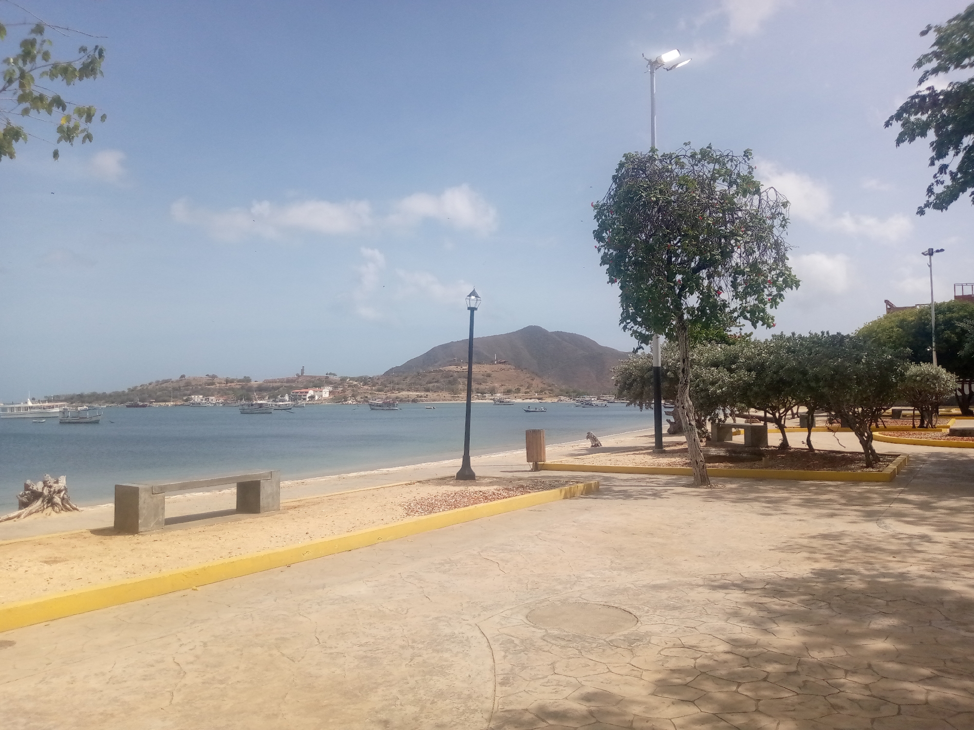 This is a landscape photograph taken on a sunny day with a few scattered clouds. The scene depicts a tranquil beach and waterfront area. In the foreground, a textured, light-colored concrete walkway runs diagonally across the frame, casting dappled shadows from unseen trees. A yellow border delineates the edge of the walkway from the sand.
Beyond the walkway, a sandy beach stretches out, with a simple, modern concrete bench placed near the water's edge. To the left of the bench, a gnarled piece of driftwood rests on the sand.
The middle ground is occupied by a calm body of water, likely a bay or sea, dotted with numerous small boats, including sailboats and what appear to be fishing vessels. In the distance, a hilly, undeveloped coastline is visible, with scattered buildings and structures on its slopes.
The sky is a clear blue, with wispy white clouds. Several tall lampposts are visible; one is a modern, double-headed solar lamp positioned near a lush green tree with a somewhat bare trunk. Another lamppost, a more traditional design with a single lantern, stands closer to the water. The overall impression is one of a peaceful, seaside promenade, ideal for relaxation. The time of day appears to be late morning or early afternoon, given the bright sunlight and the shadows cast. There is no visible text in the image.