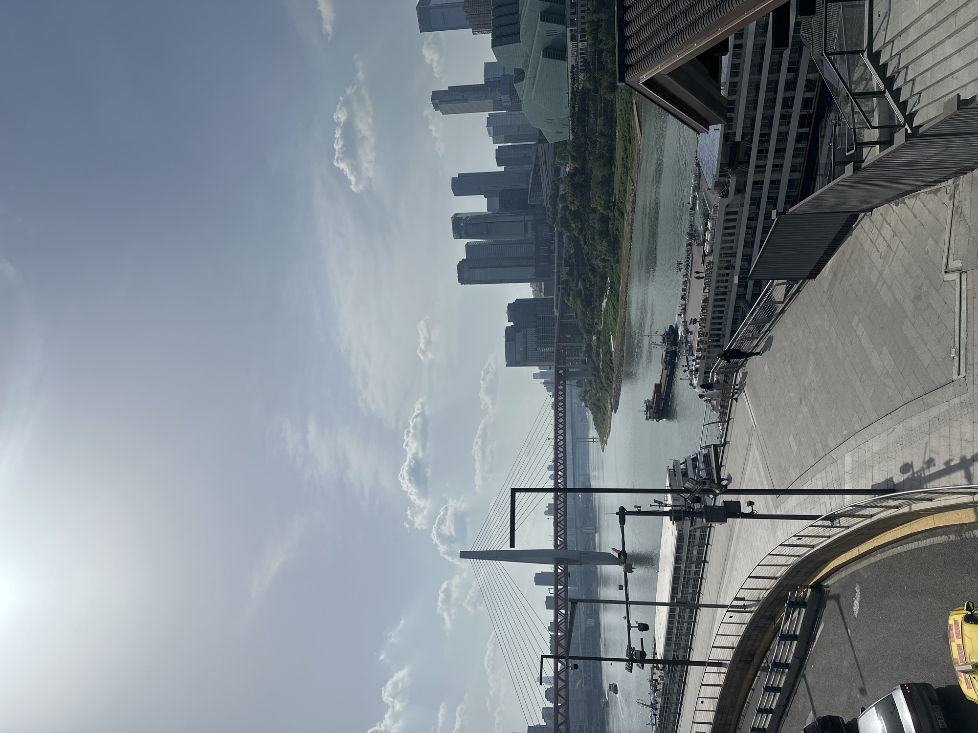 The image depicts a cityscape in Yuzhong District, Chongqing, China, featuring a river with vessels and a bridge with prominent cable supports. A line of modern buildings and dense vegetation lines the riverbank. Adjacent to the river is a paved promenade with street furniture. A road with vehicles is visible. The sky is overcast.