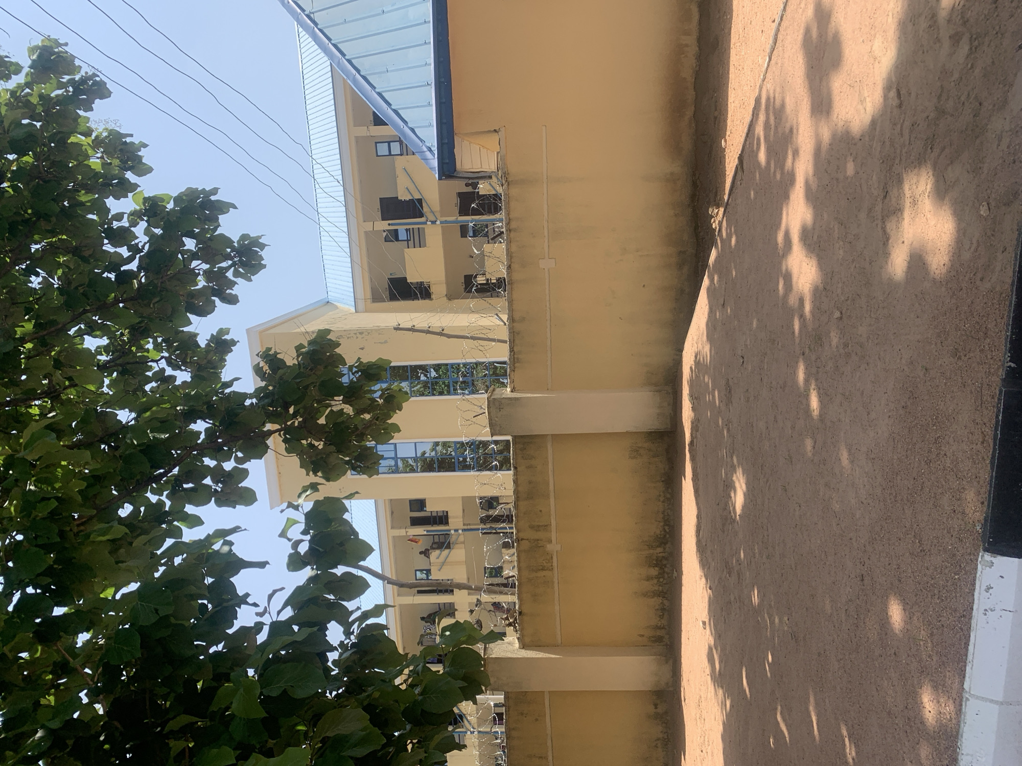This image, taken in Jalingo, Nigeria, depicts the exterior of a building, likely an educational institution or administrative complex, from an outdoor perspective. The foreground is dominated by a sandy, dirt ground with dappled sunlight filtering through tree branches. A low, yellow-painted concrete wall, topped with barbed wire, runs horizontally across the mid-ground, acting as a perimeter. Beyond the wall, a multi-story building with a pale yellow facade is visible. The building features several windows and balconies, with some figures appearing on the balconies. A light blue, corrugated metal roof caps the structure. Overhead, tree branches with green leaves obscure parts of the sky, and power lines are visible against the clear blue sky. The overall scene suggests a secure, possibly institutional environment under bright daylight.