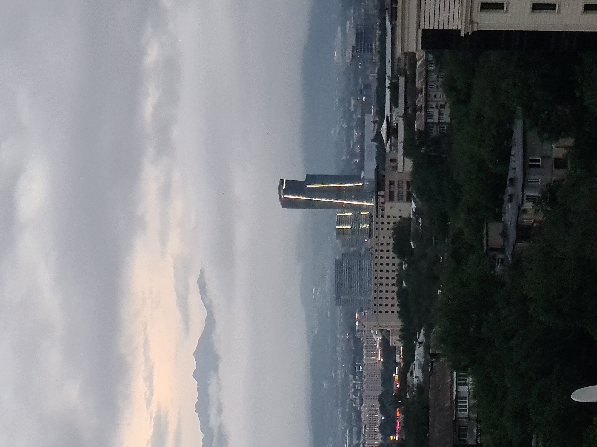 This is a high-angle, full shot of the city of Almaty, Kazakhstan, taken from a high vantage point at dusk or dawn. The sky is overcast with thick, grey clouds, with a faint glow of light in the upper left portion of the frame, suggesting either sunrise or sunset. In the background, a mountain range is visible, shrouded in mist and clouds, with its peaks appearing jagged and dark.
The city stretches out below, with a variety of buildings. In the mid-ground, a modern skyscraper with a distinctive, angular design stands out. It is illuminated by vertical strips of light on its facade. To the left of this skyscraper, another large, rectangular building with many windows is visible. Further into the city, smaller buildings and what appear to be apartment blocks are discernible, some with lights on, indicating activity within.
The foreground is dominated by dense green trees, obscuring many of the lower buildings. Several residential buildings, some appearing older and in disrepair, are partially visible through the foliage. A satellite dish is present in the lower left corner of the image. The overall impression is one of a sprawling urban landscape nestled against a dramatic natural backdrop, viewed under subdued, atmospheric lighting.