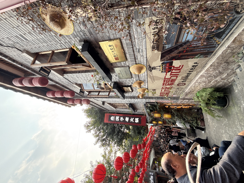 A bustling street scene features red lanterns and Chinese characters. Brick buildings line the narrow passage, adorned with straw hats, hanging foliage, and various signs. People sit at tables, while others walk by. The sky is partially visible in the distance. The scene exudes a vibrant and cultural atmosphere.