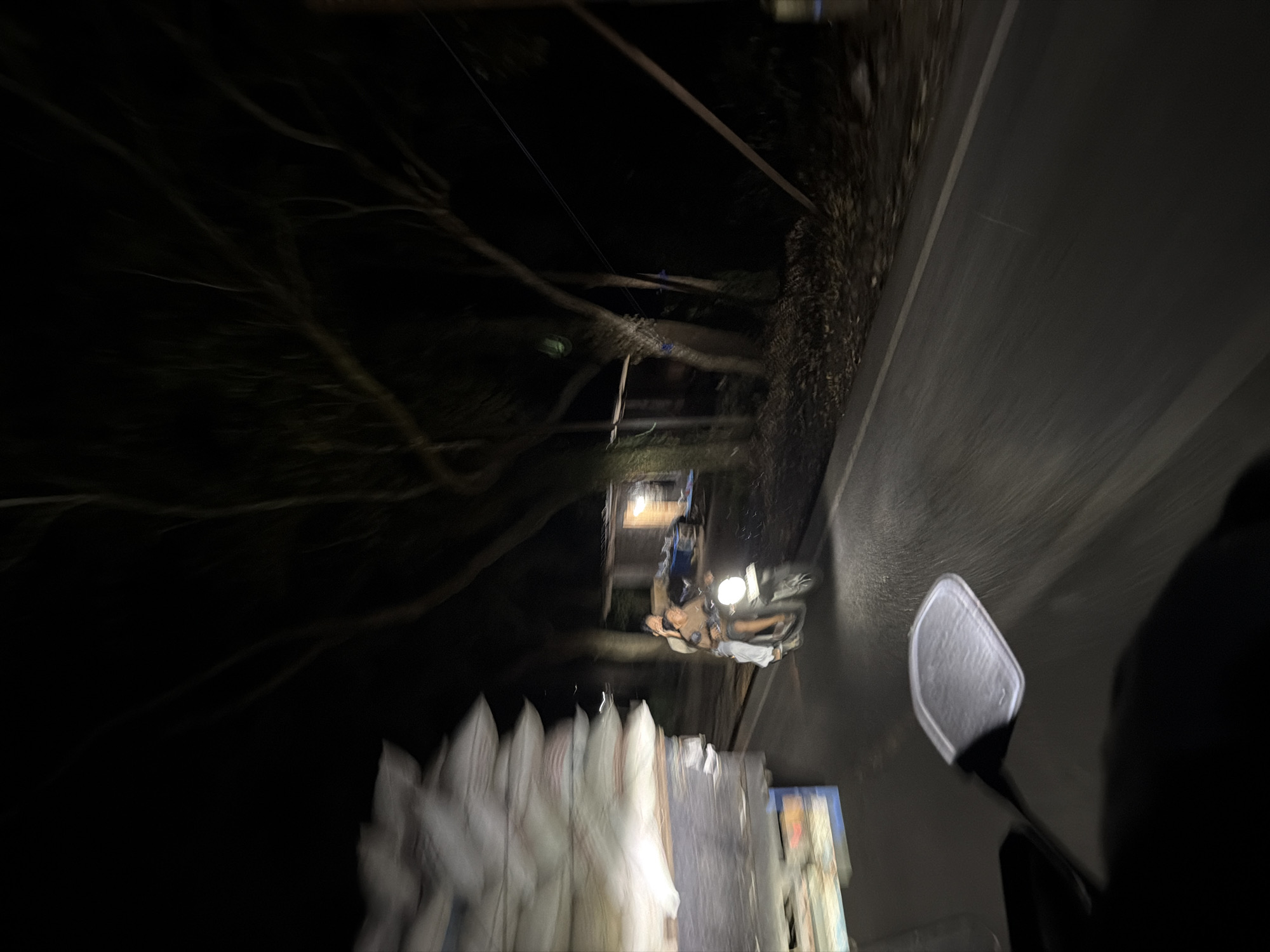 The image depicts a nighttime scene on a road, likely in or around Kintamani, Indonesia, given the context. The foreground shows the blurry reflection of a side mirror, indicating the shot was taken from a moving vehicle. To the left, a large truck with its cargo, appearing to be stacked sacks of a pale color, is heavily motion blurred. To the right of the truck, a motorcycle is seen traveling in the same direction. Two individuals are riding on the motorcycle; one appears to be driving, and the other is seated behind. Both are wearing casual clothing. The motorcycle's headlight illuminates the asphalt road ahead. In the mid-ground, there is a small, dimly lit building with an open doorway emitting light, suggesting it might be a roadside stall or dwelling. The road is flanked by trees and foliage, which are largely obscured by darkness, with some branches silhouetted against the night sky. The overall impression is that of travel through a rural or semi-rural area at night.