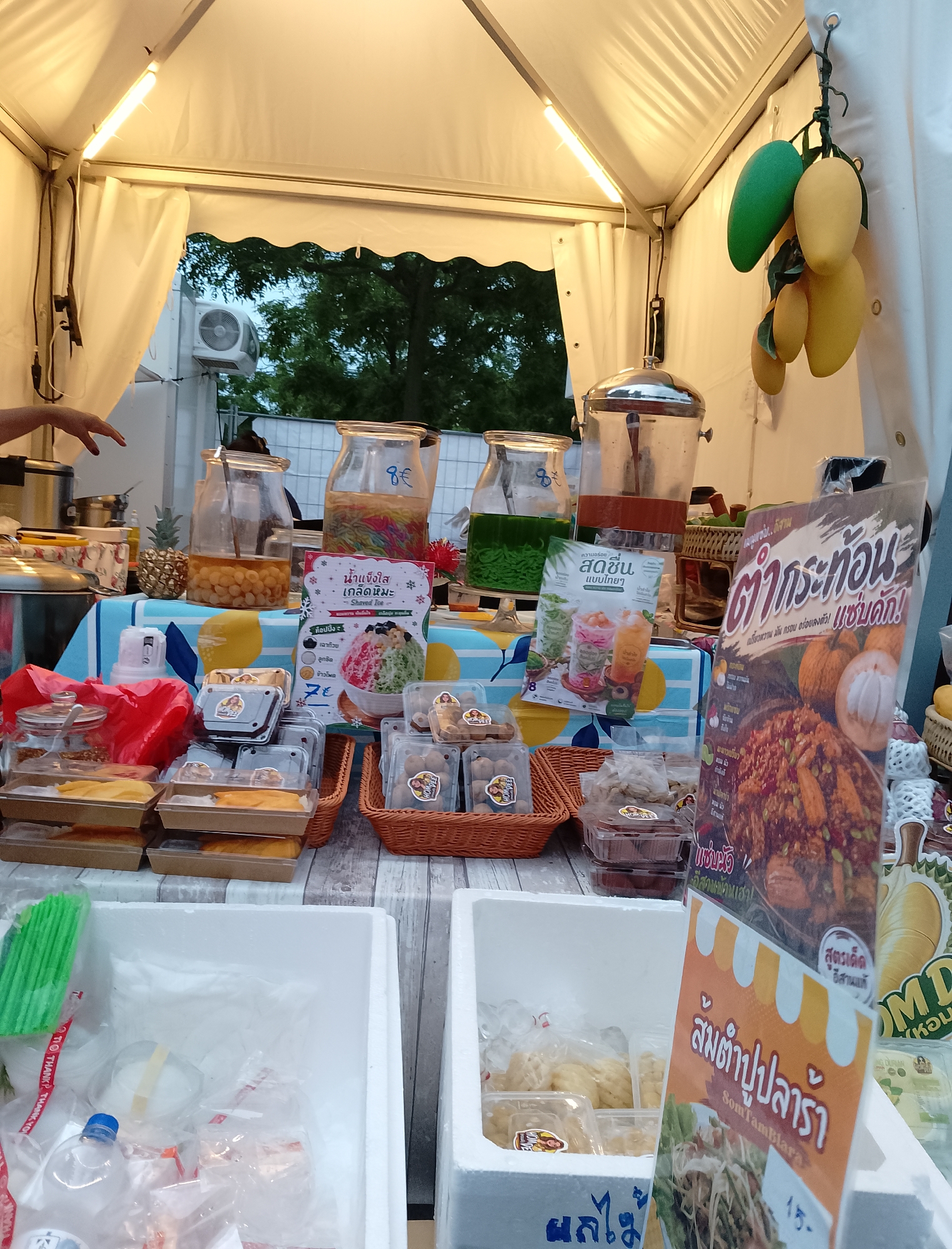 An outdoor food stall features a variety of Thai snacks and drinks. A woman's hand is visible on the left, reaching for something out of frame. The stall is decorated with artificial mangoes hanging from the top. Various drinks are displayed in large glass dispensers, including a green liquid and a honey-colored liquid with fruit pieces. Several plastic containers hold pre-packaged snacks, such as what appear to be mango slices and dried fruits. Wicker baskets are used to display some of the products. Two large signs are prominently displayed, one with Thai script and images of food, and another showing a picture of a salad. In the foreground, white styrofoam coolers are filled with ice and packaged items, including bottles of water. The background shows a glimpse of trees and a white building.