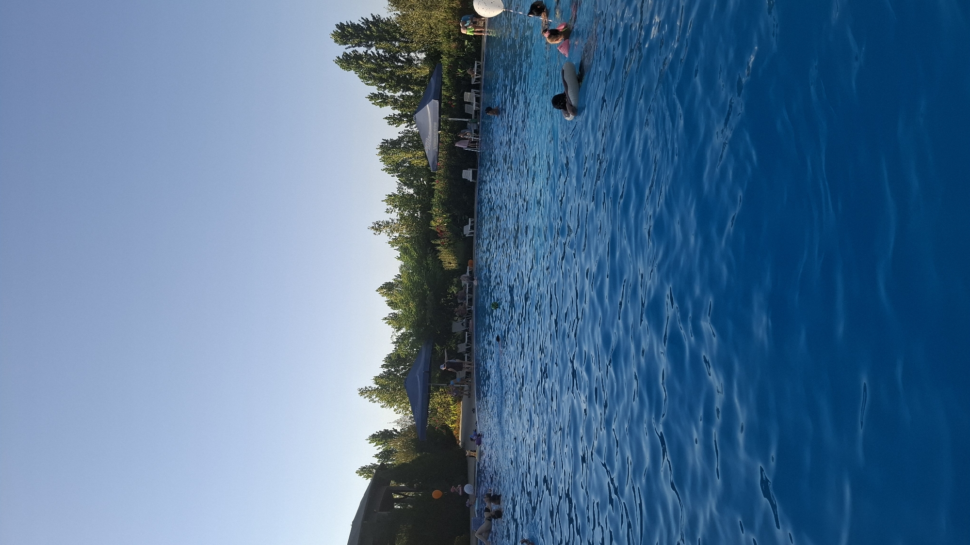 The image depicts a large outdoor swimming pool on a clear day, likely in Shymkent, Kazakhstan, given the context. The pool water is a vibrant blue, with gentle ripples on its surface. Several people are visible in the water, some swimming, others floating or relaxing. On the far side of the pool, beyond a line of lounge chairs and umbrellas, is a dense row of green trees, suggesting a park-like setting. The sky above is a clear, pale blue, indicating fair weather. The presence of lounge chairs and umbrellas suggests a recreational area, possibly a public pool or a resort facility. There are inflatable toys, including a large white balloon, visible near the pool's edge and in the water, indicating children are present or have been playing.