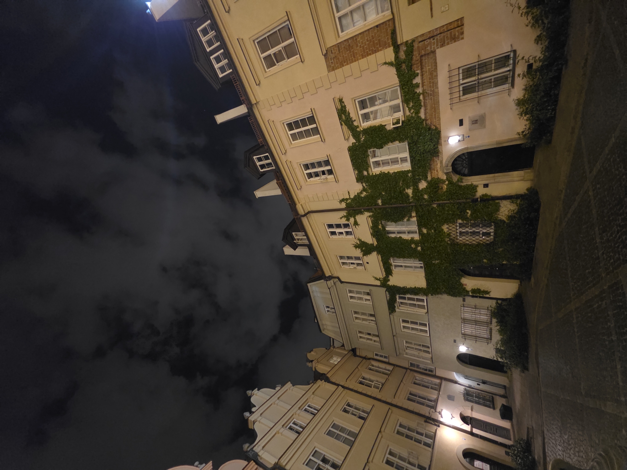 At night, the image looks upwards towards buildings and the sky in Warsaw, Poland. Several buildings are illuminated with lights, appearing tan, cream, and light blue. Windows and ivy are visible on the building's facades. The sky is a dark color, possibly black, with some indistinct white areas. Cobblestones and pavement indicate that this is an outdoor street scene.