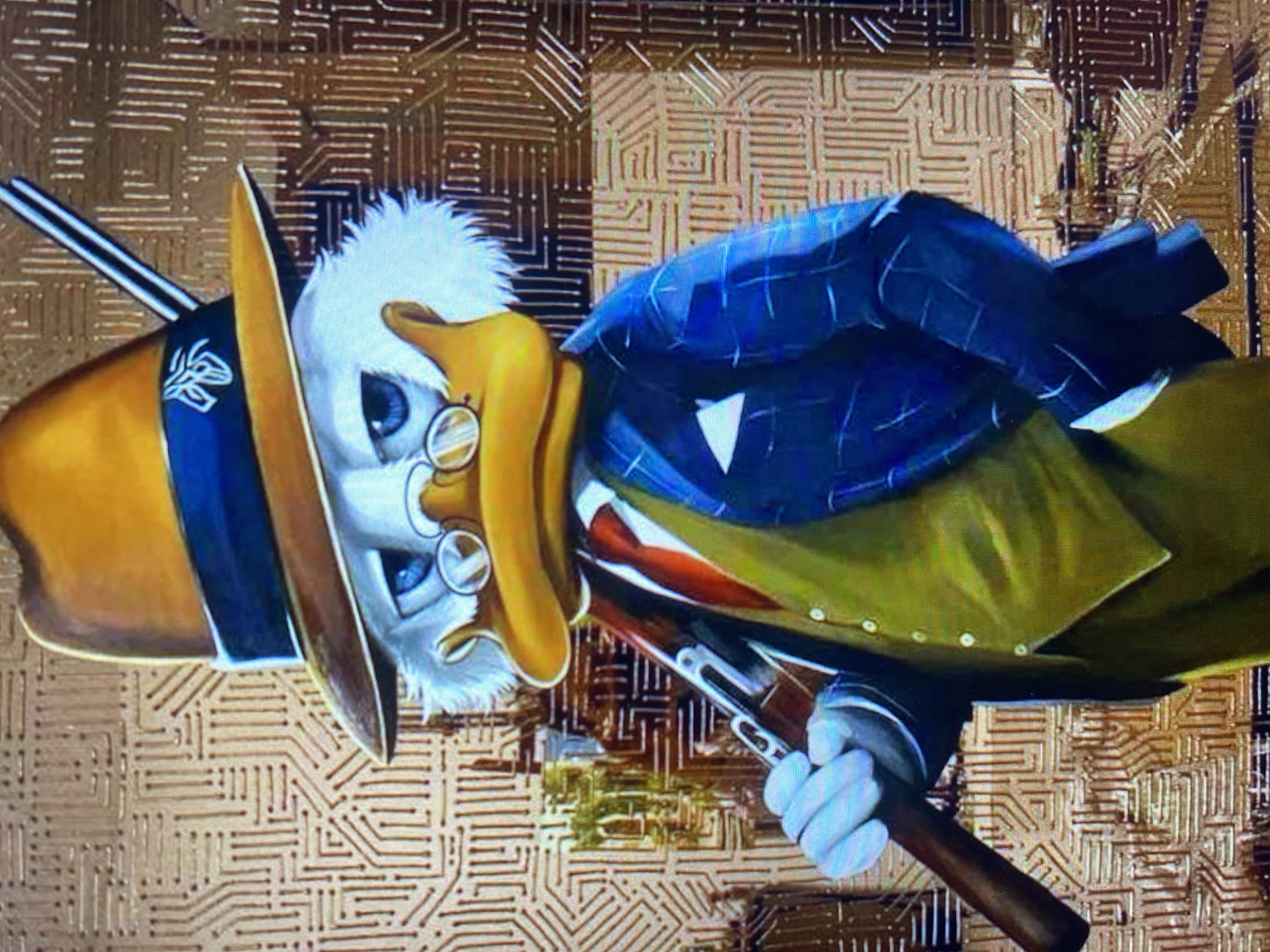 A digitally rendered, stylized image depicts a cartoon duck character, resembling Scrooge McDuck, dressed in a tan fedora with a blue band, round spectacles, a green vest, and a blue plaid suit. The duck holds a rifle across its body with its left hand. The background is an abstract, metallic pattern resembling a circuit board or intricate gold plating. The overall aesthetic suggests a noir or detective theme. The location is unknown.
