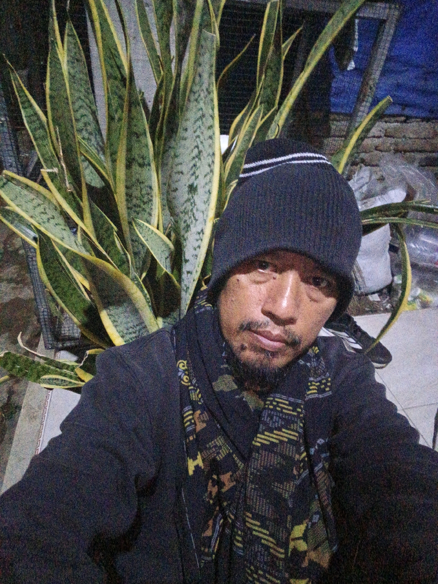 A selfie of a man in Tanahbaya, Indonesia. The man is wearing a black beanie with white stripes, a black jacket, and a patterned scarf. He has a beard and mustache. Behind him is a large snake plant, and to the right, there is a brick wall and some plastic sheeting. The lighting suggests it is nighttime or indoors.