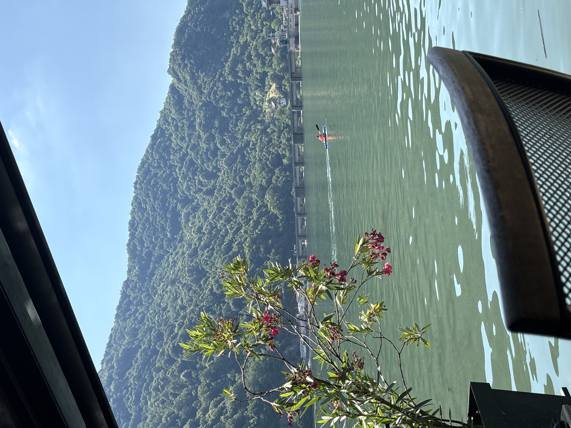 A person is kayaking on a calm, green river. The kayak is orange, and the person is wearing a blue shirt. The river is surrounded by steep, tree-covered mountains. In the foreground, there is a flowering bush with pink blossoms and green leaves. To the right, part of a dark metal chair is visible. The sky is clear and blue, suggesting it is daytime. The scene evokes a sense of tranquility and outdoor recreation.