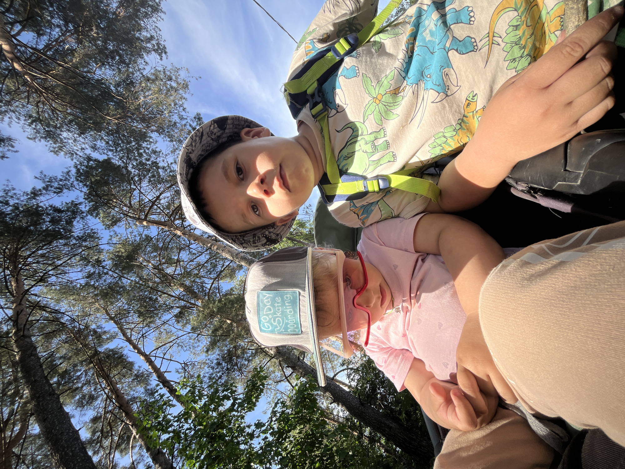Two children are seated, possibly in a chairlift or similar elevated position, as evidenced by the presence of trees and sky in the background. The older child wears a hat and a dinosaur-patterned shirt with a harness. The younger child wears a hat with the inscription "Go Day Skateboarding" and pink clothing. The trees visible in the background suggest an outdoor environment. The location is Chaikovsky, Russia.