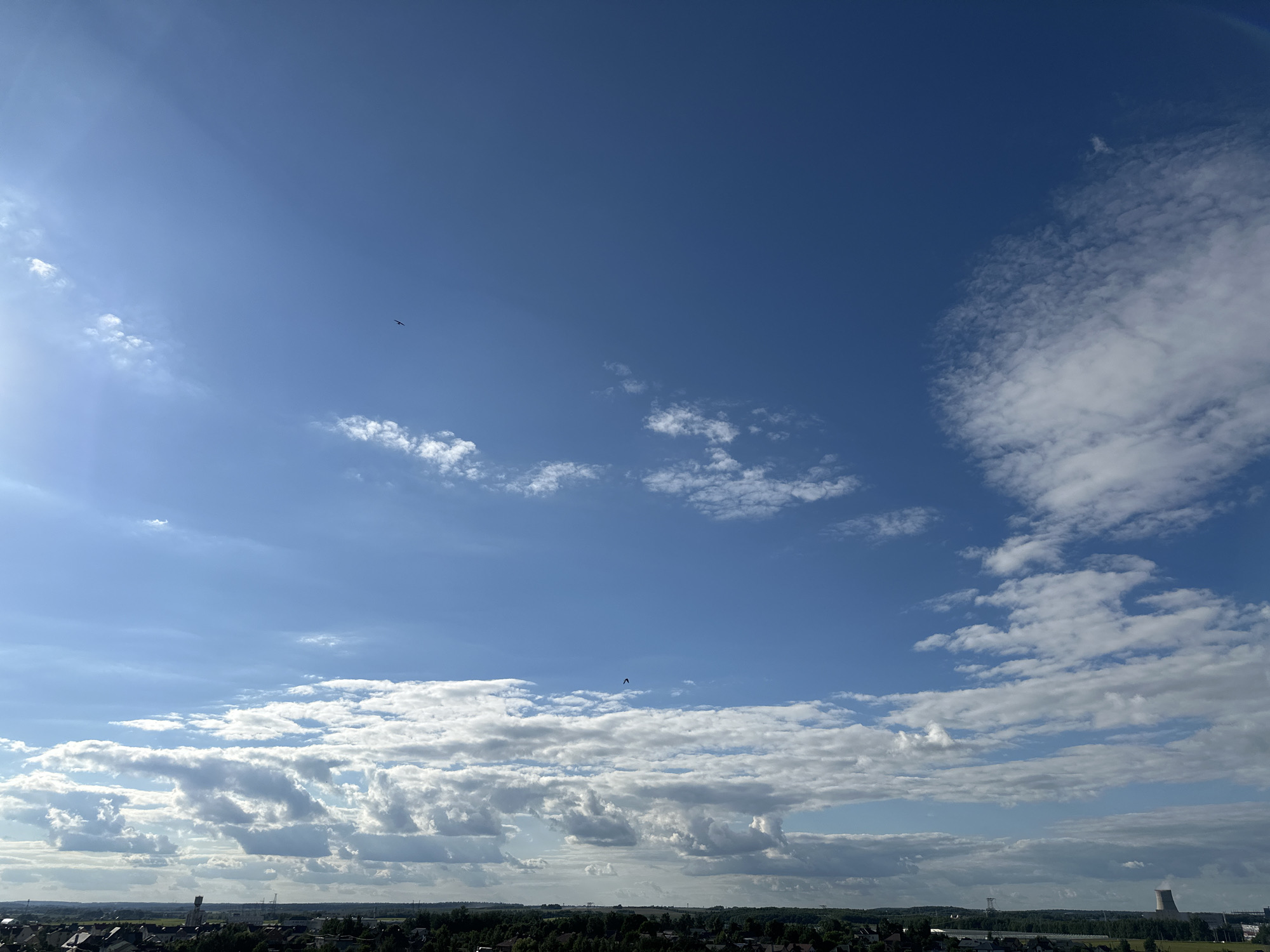 The image is an outdoor, high-angle shot of a bright blue sky filled with scattered white clouds on a sunny day. In the foreground, the tops of trees and rooftops of houses are visible, indicating a semi-urban or suburban setting. The sky occupies most of the frame, with the horizon line near the bottom. Two dark silhouettes of birds are visible in flight within the sky. The lighting suggests it is daytime, likely late morning or afternoon, with the sun positioned to the left, creating some lens flare and a bright sheen on the clouds. The overall mood is peaceful and serene, capturing a pleasant, clear day. The location is contextually identified as Shchomyslitsky Selsoviet, Belarus.