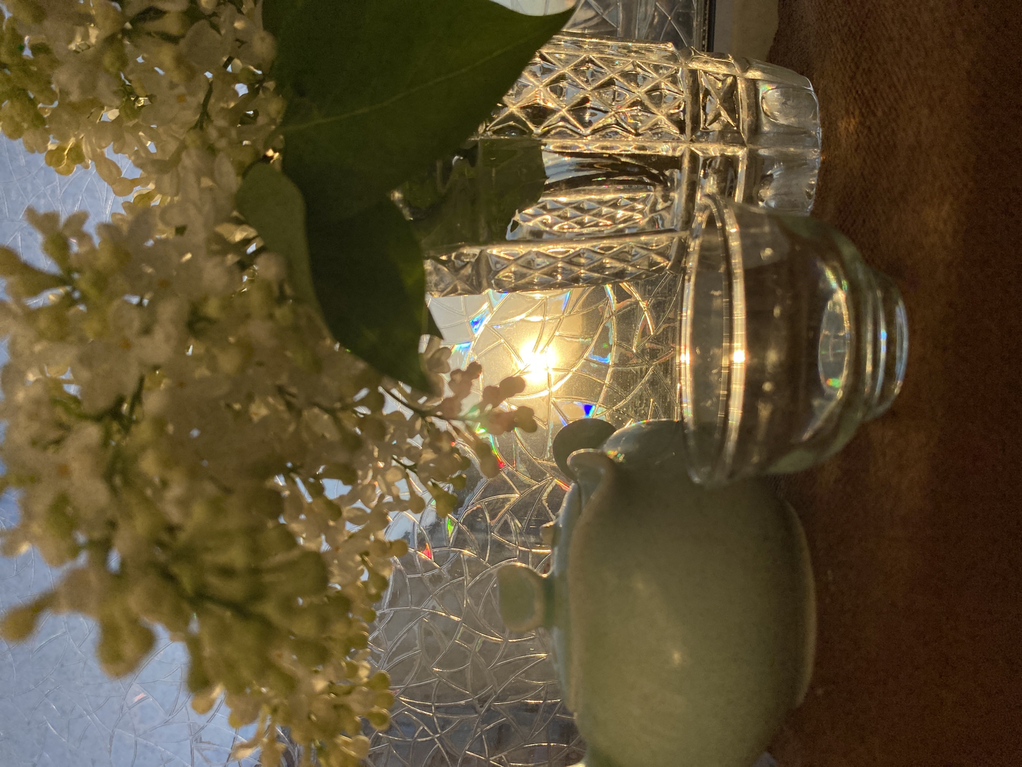 A still life photograph taken indoors. The subject matter is a bouquet of white lilacs in a vase. A glass with a pattern is next to a round glass cup. The background consists of a patterned glass window that is probably a shower door. The color cast and lighting indicate that the photo was taken at sunset. An object that appears to be an owl figurine made of green ceramic can be seen. The city of Chaikovsky, Russia, is not visible in the picture, and is irrelevant to the scene shown in the image.