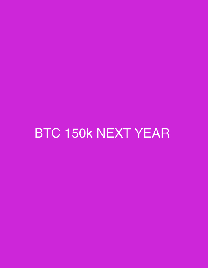 The image is a solid purple background with white text in the center. The text reads "BTC 150k NEXT YEAR". There is no indication of Delmenhorst, Germany, or any other specific location. There are no people, subjects, objects, actions, or interactions depicted in the image.