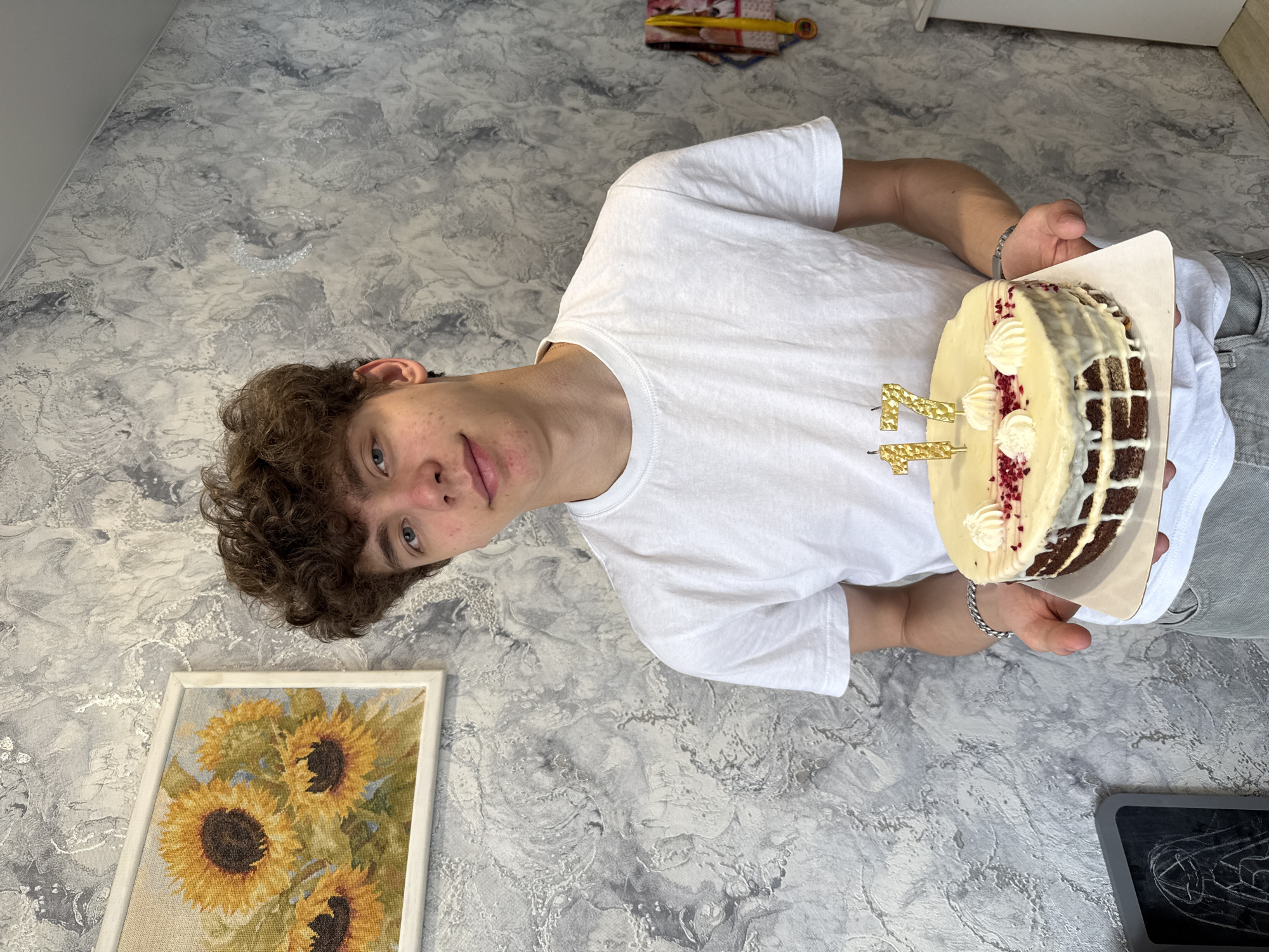 A person holding a cake stands in a room with gray patterned wallpaper and flooring. The person has curly brown hair, light skin, and wears a white t-shirt and gray jeans. They hold a round, two-layered cake decorated with white icing, raspberry sprinkles, and a "17" candle. A framed picture of sunflowers sits on the floor to the left. A black tablet lies on the floor to the right. The location is in Шебунино, Russia.