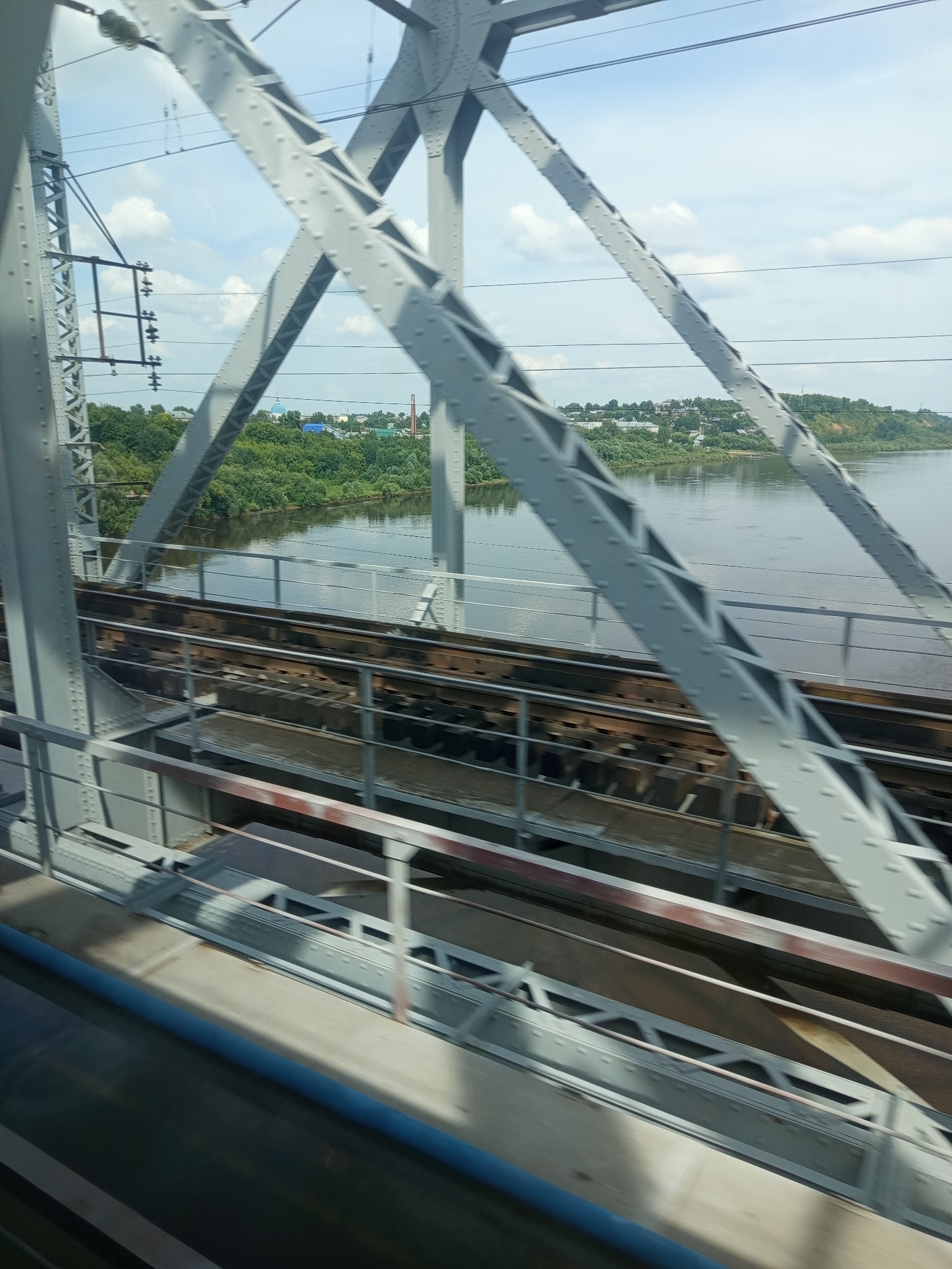 The image shows a view from a train crossing a bridge over a wide river. The bridge is a large metal truss structure, painted gray. Train tracks are visible on the bridge. On the far bank of the river, there is a town with buildings, trees, and a blue-domed church. The sky is cloudy. This scene is likely the railway bridge over the Vyatka River in the city of Kotelnich, Russia.
