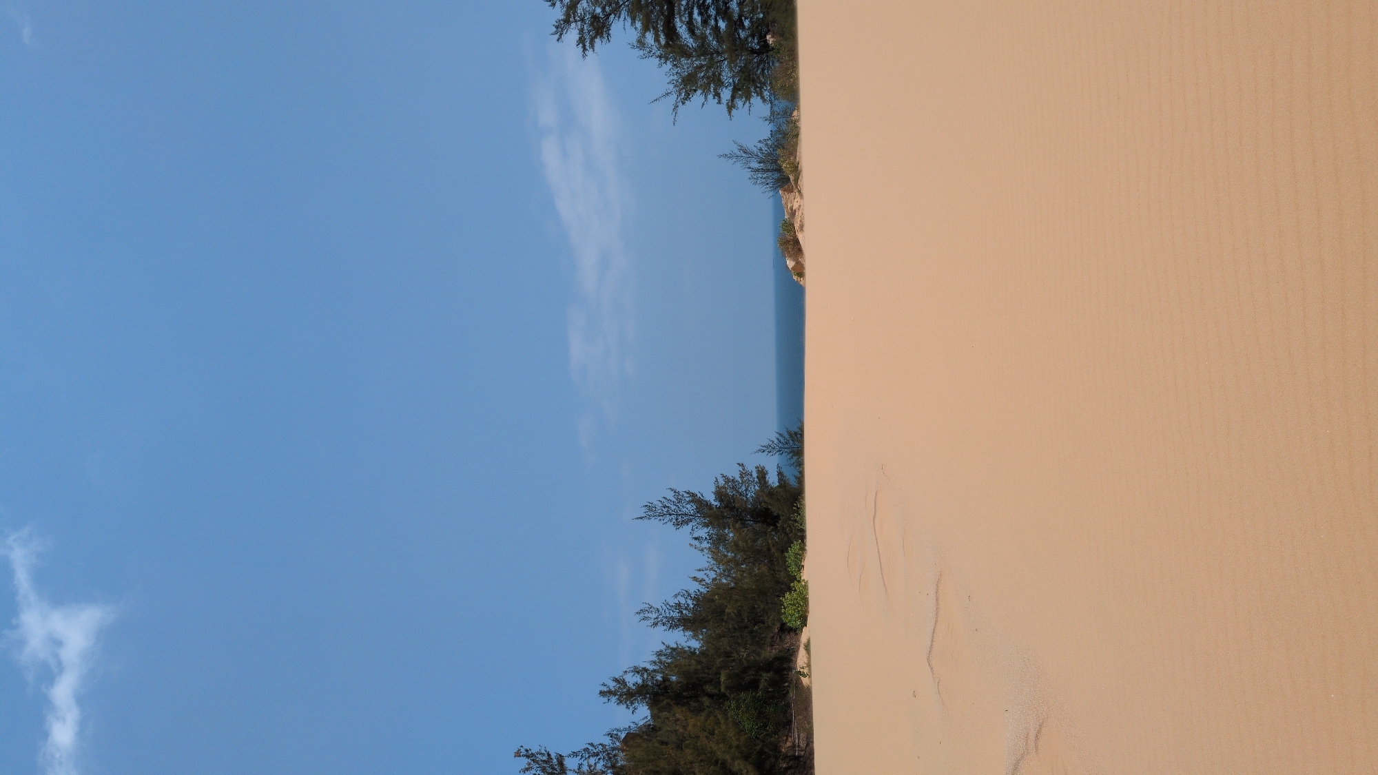 The image shows a sand dune in Phuoc Dinh, Vietnam. The right side of the image is a light-brown sand dune. The left side shows a blue sky with sparse white clouds. Along the top and bottom of the center, there are dark green trees. A sliver of blue water is visible behind the trees at the top center. Footprints are visible on the dune.