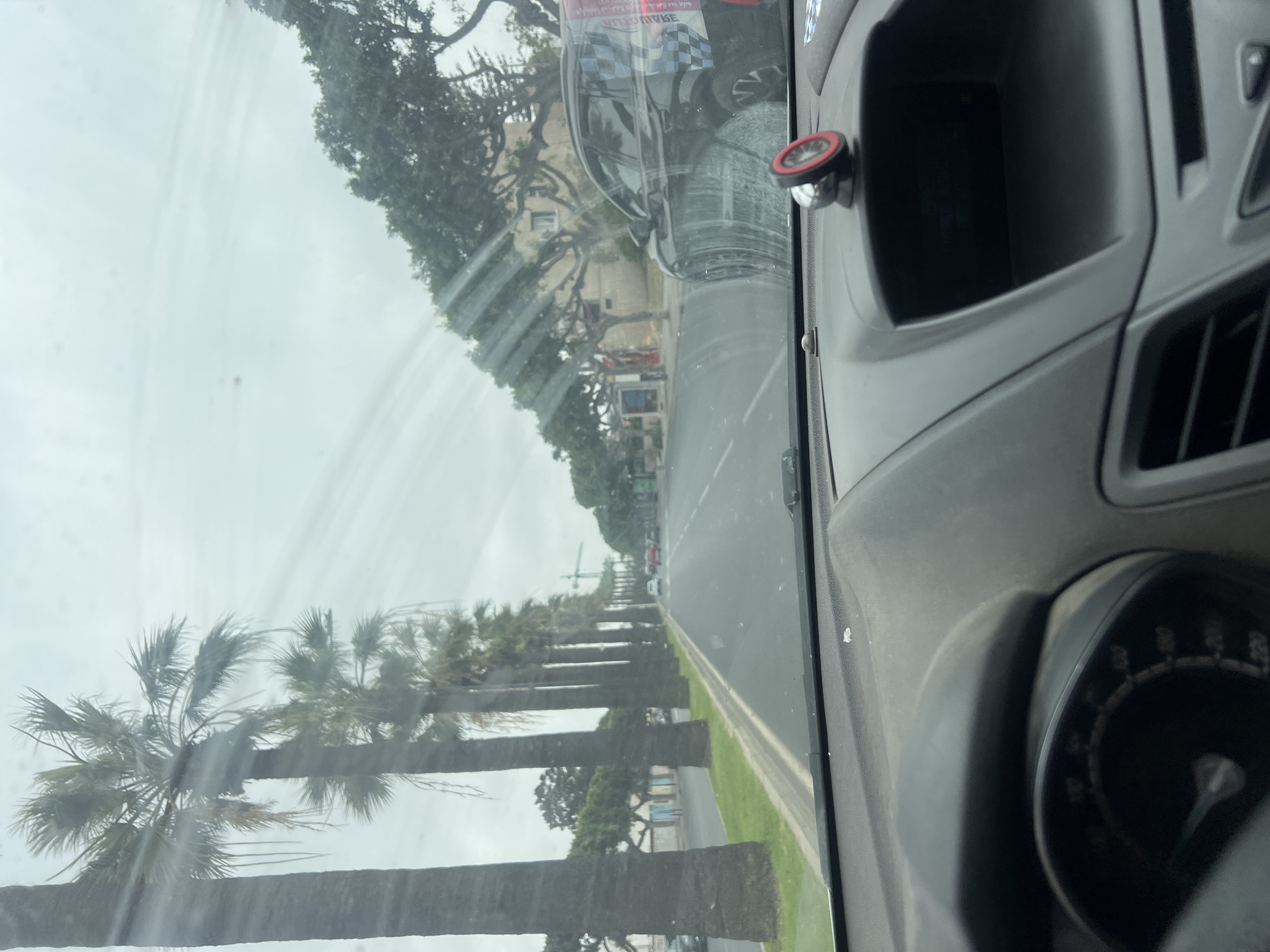 The image presents a forward-facing view from inside a vehicle through a smudged windshield, depicting a wide urban boulevard under an overcast sky.
In the foreground, the dark gray dashboard of the vehicle is prominent, partially revealing a speedometer or instrument cluster on the left. Centered on the dashboard is a circular red and black magnetic phone mount, with an open storage cubby located directly beneath it. The windshield displays distinct circular and linear smudges and streaks, particularly noticeable on the right side, partially obscuring the view.
On the left side of the boulevard, a well-maintained green median separates the road from a continuous line of tall, mature palm trees, likely *Phoenix canariensis*, characterized by their thick trunks and full, somewhat spiky fronds. Beyond the palms, a sidewalk and a row of low-rise buildings, some featuring light pastel colors such as blue and cream, are visible. In the distant background on this side, a large construction crane indicates ongoing development.
On the right side of the boulevard, a dense row of mature, leafy green trees with gnarled branches lines the roadside. Behind these trees, a light-colored, multi-story building is partially visible. A black SUV, distinctively adorned with a checkered pattern in black, white, and red, along with Arabic script on its side, is positioned on the right side of the road, either parked or moving slowly.
The asphalt roadway appears to have multiple lanes. Several vehicles are visible further down the road, indicating active traffic flow. No clearly identifiable people are prominently visible in the scene.
This scene is located in **Casablanca, Morocco**, depicting a major tree-lined urban artery, consistent with boulevards such as **Boulevard Zerktouni** or similar main thoroughfares known for their extensive palm tree plantings and mixed architectural styles.