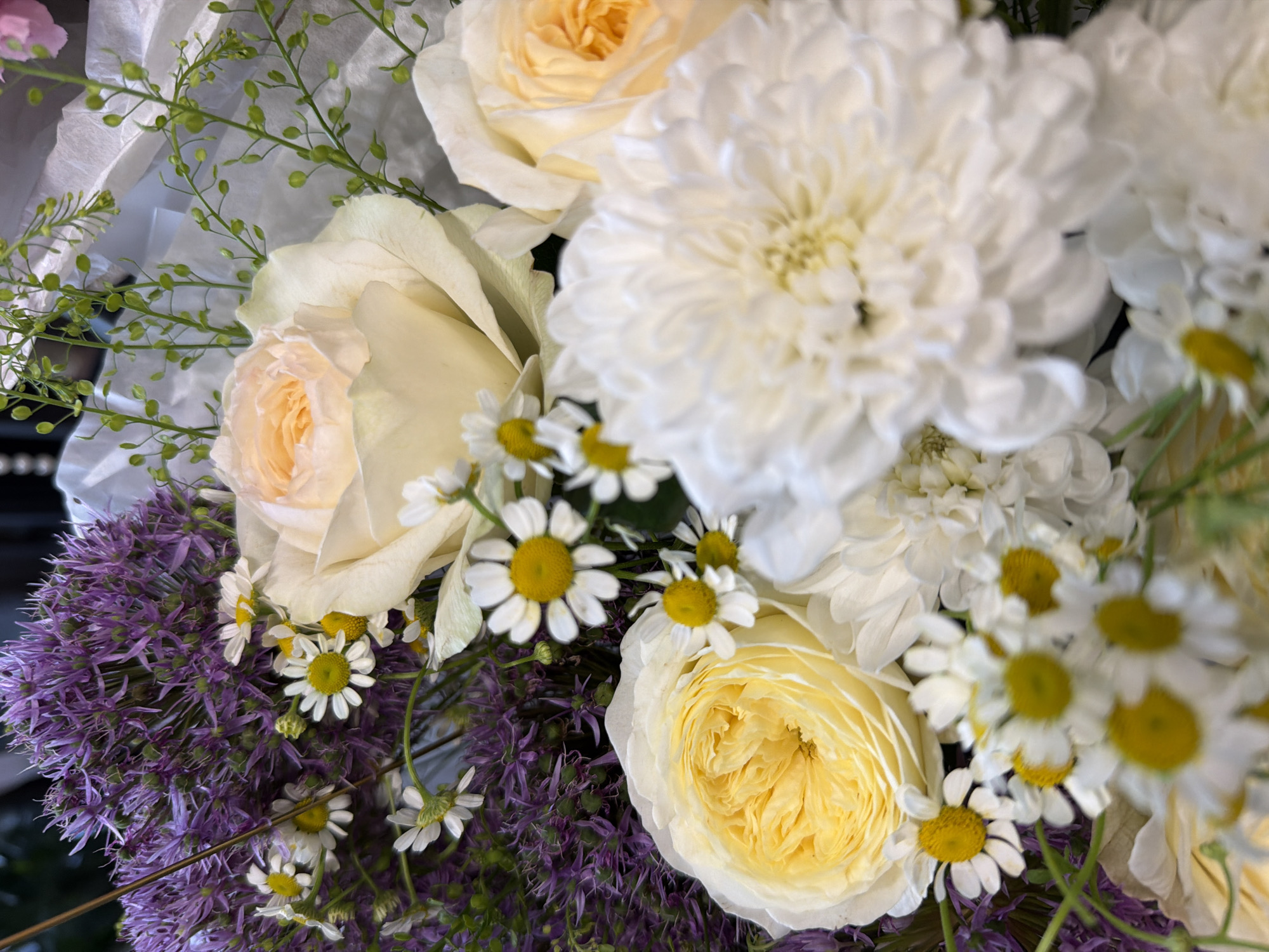 This is a close-up, eye-level photograph of a bouquet of flowers. The bouquet is densely packed with a variety of blooms in shades of white, yellow, and purple. Prominent in the arrangement are large, creamy yellow roses with many petals, and clusters of small white daisies with yellow centers. There are also large, fluffy white flowers that appear to be chrysanthemums or dahlias. The background features a spray of delicate green foliage with tiny buds, and hints of a purple allium flower. The bouquet is presented against a soft, out-of-focus background that suggests it is in a domestic setting, possibly a home or a flower shop. There are no people or discernible actions depicted. The lighting is soft and diffused, highlighting the textures and colors of the flowers. The image composition focuses entirely on the floral arrangement, with shallow depth of field blurring the background.