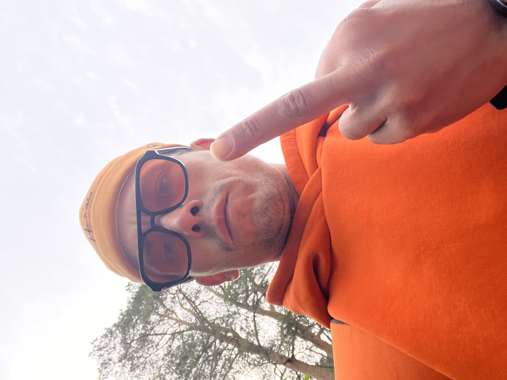 This low-angle selfie captures an adult male in an outdoor setting, looking up towards the camera. The subject is wearing a bright orange hooded sweatshirt, dark-framed sunglasses, and a light brown or tan cap. His right hand is raised, with the index finger pointing towards his temple or the side of his head. He has a short beard or stubble.
The background is dominated by a bright, overcast sky with soft, diffuse light. In the lower part of the frame, the intricate, bare branches of a tree or trees are visible, suggesting either late autumn, winter, or early spring. The overall impression is a casual portrait taken against a natural backdrop. There is no visible text. The setting is consistent with an outdoor location in Chaikovsky, Russia.